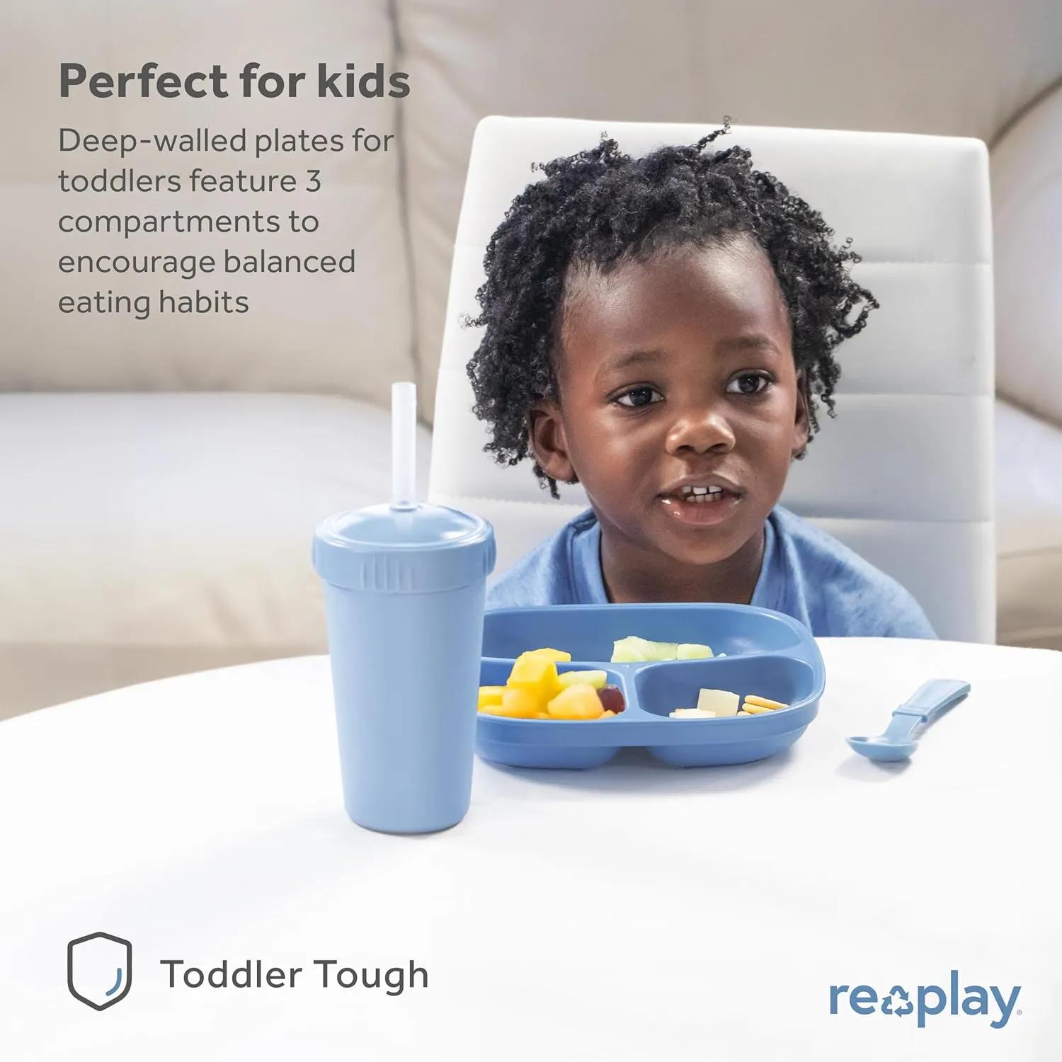 Re-Play Toddler Plates with Dividers & Silicone Lid - Deep-Walled 3 Compartments Divided Plates for Kids - Dishwasher/Microwave Safe - Made in USA - Set of 4-7.37" x 7.37" x 1.25" - Desert Sands