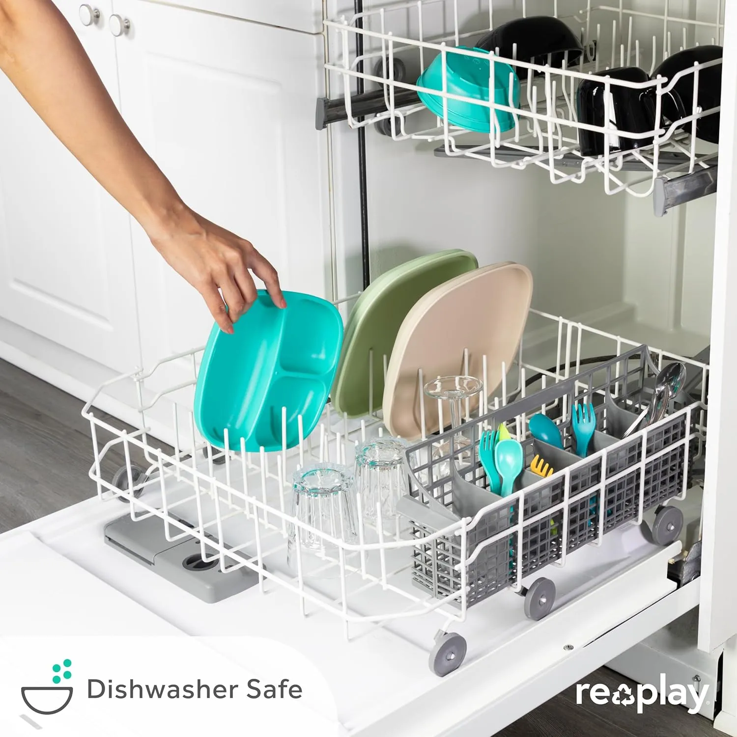 Re-Play Toddler Plates with Dividers & Silicone Lid - Deep-Walled 3 Compartments Divided Plates for Kids - Dishwasher/Microwave Safe - Made in USA - Set of 4-7.37" x 7.37" x 1.25" - Desert Sands