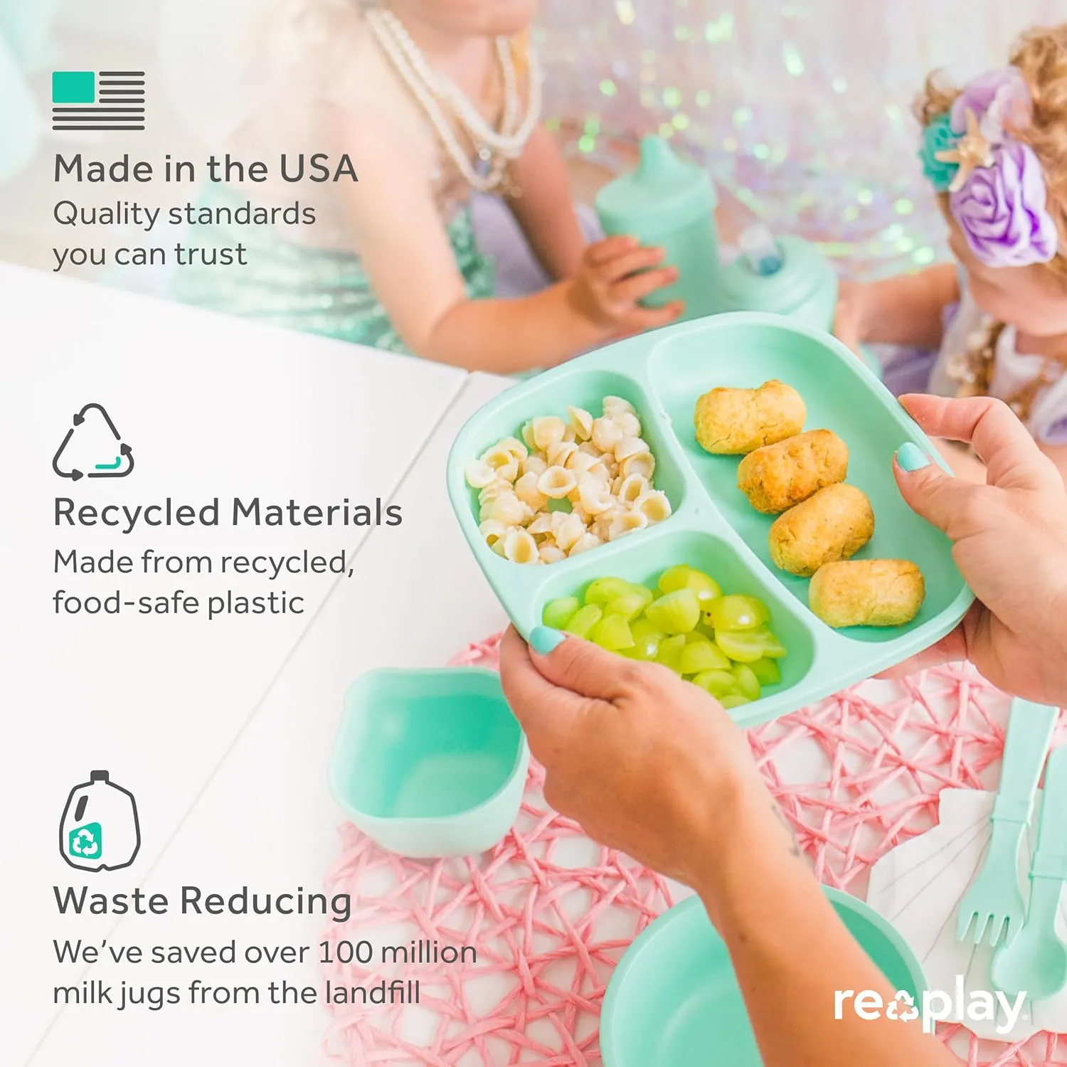 Re-Play Toddler Plates with Dividers - Deep-Walled 3 Compartments Divided Plates for Kids - Dishwasher & Microwave Safe - Made in USA - Set of 3-7.37" x 7.37" x 1.25" - Blossom