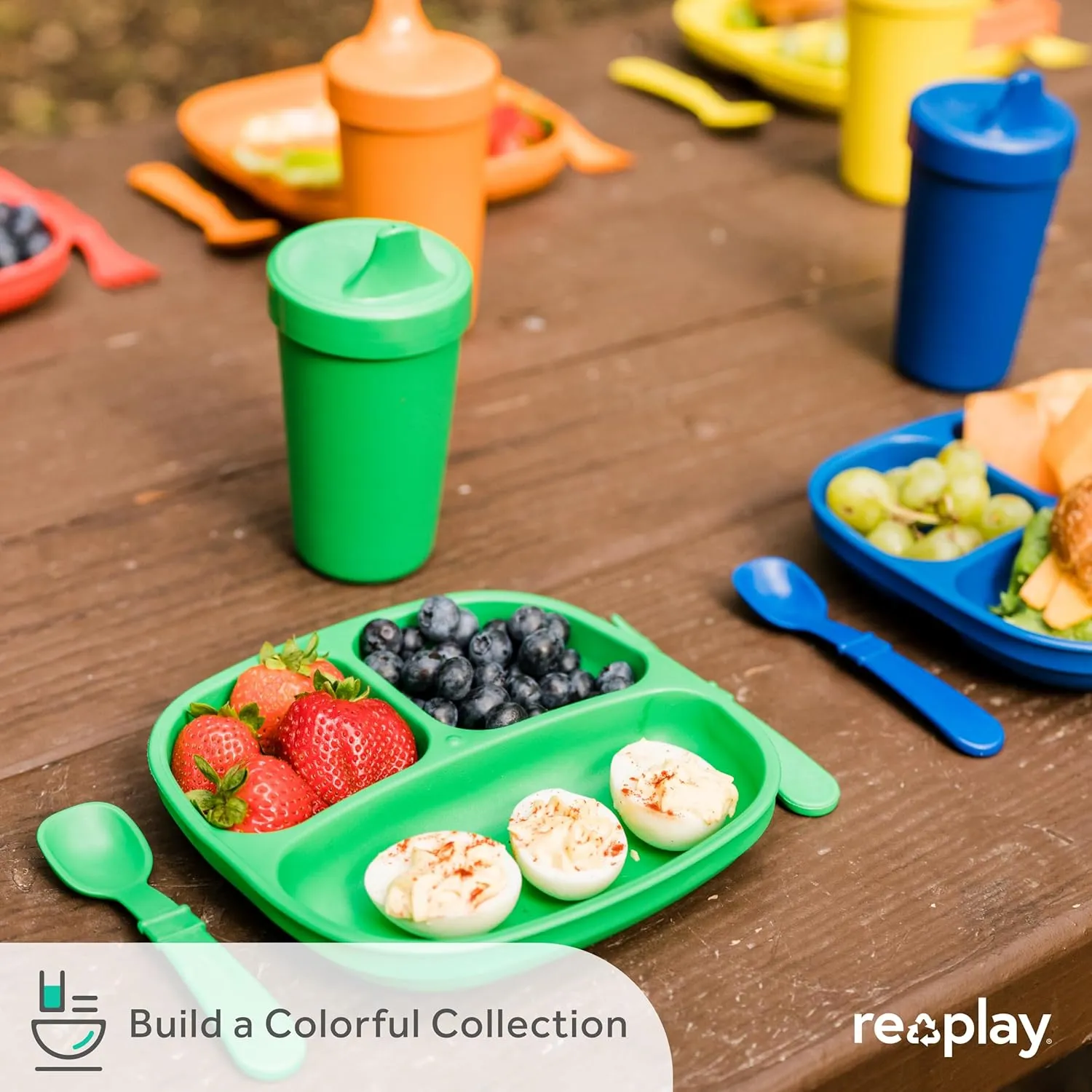Re-Play Toddler Plates with Dividers - Deep-Walled 3 Compartments Divided Plates for Kids - Dishwasher & Microwave Safe - Made in USA - Set of 3-7.37" x 7.37" x 1.25" - Blossom
