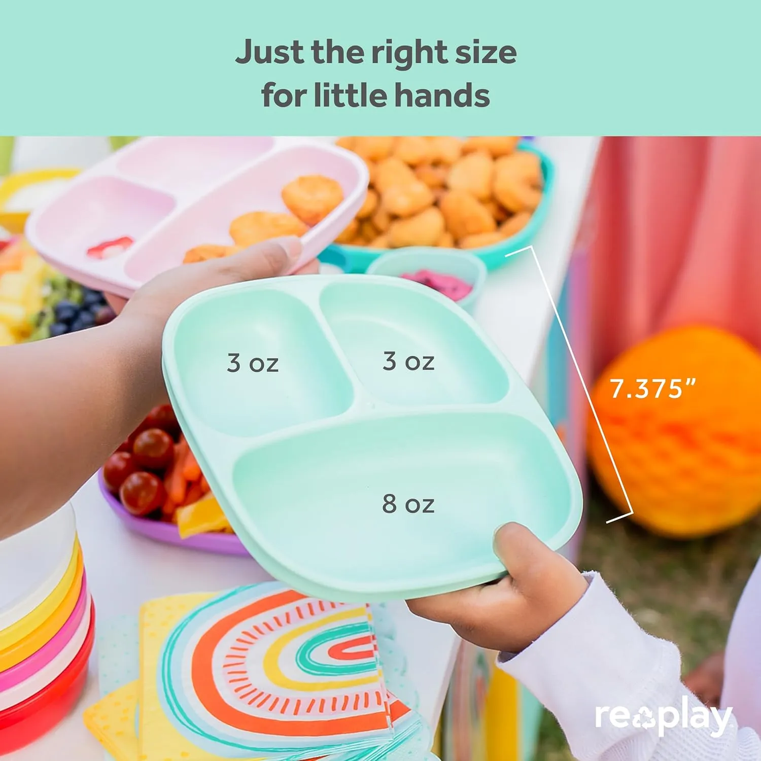 Re-Play Toddler Plates with Dividers - Deep-Walled 3 Compartments Divided Plates for Kids - Dishwasher & Microwave Safe - Made in USA - Set of 3-7.37" x 7.37" x 1.25" - Blossom