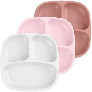 Re-Play Toddler Plates with Dividers - Deep-Walled 3 Compartments Divided Plates for Kids - Dishwasher & Microwave Safe - Made in USA - Set of 3-7.37" x 7.37" x 1.25" - Blossom