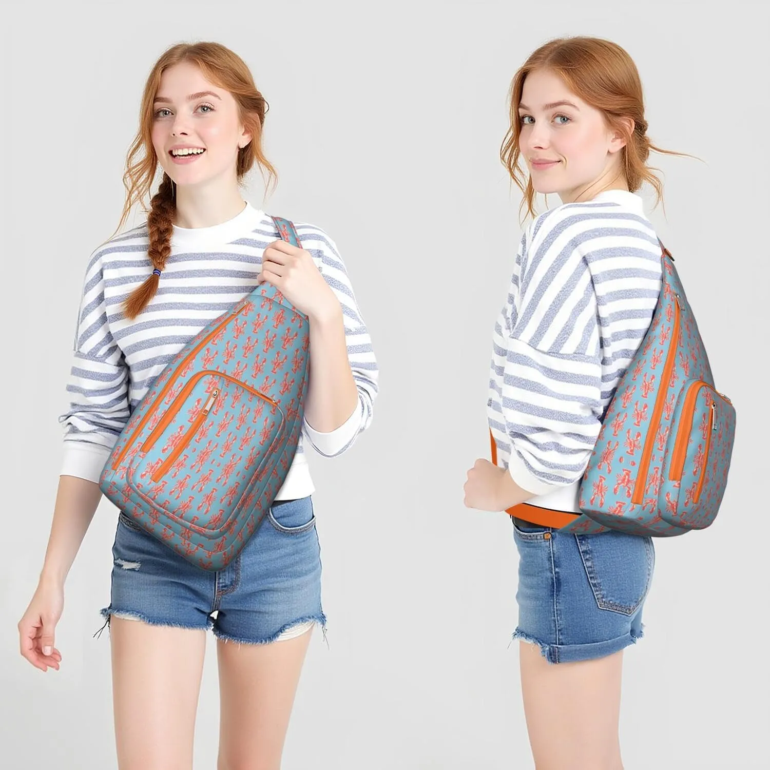 Red Lobster Blue Pattern Crossbody Bag Daypack for Women Men Lightweight Waterproof Sling Bag Backpack Hiking Cycling