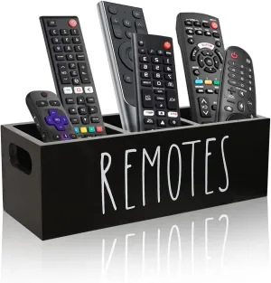 Remote Control Holder, Farmhouse Remote Storage Caddy, Bedside TV Controller Box, Rustic Wood Media Organizer Tray for Home Bedroom Table (Black)