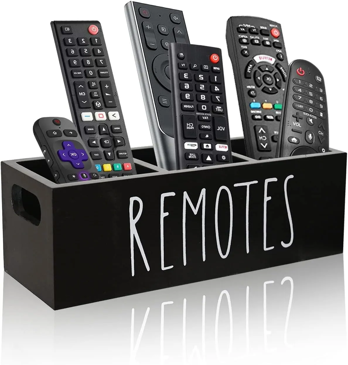 Remote Control Holder, Farmhouse Remote Storage Caddy, Bedside TV Controller Box, Rustic Wood Media Organizer Tray for Home Bedroom Table (Black)