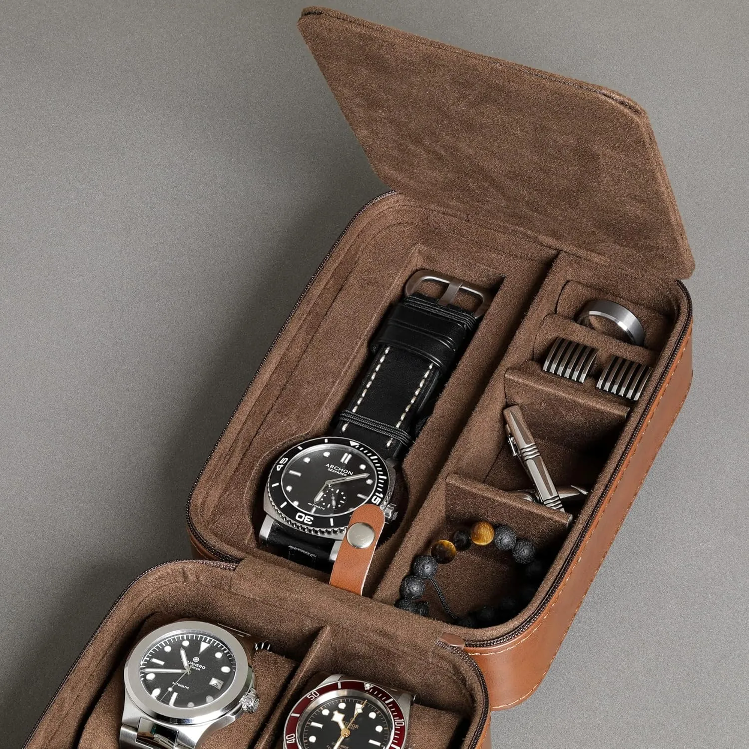 ROTHWELL 5 Watch Travel Case Storage Organizer for 5 Watches | Tough Portable Protection w/Zipper Fits All Wristwatches & Smart Watches Up to 50mm (Tan/Brown)
