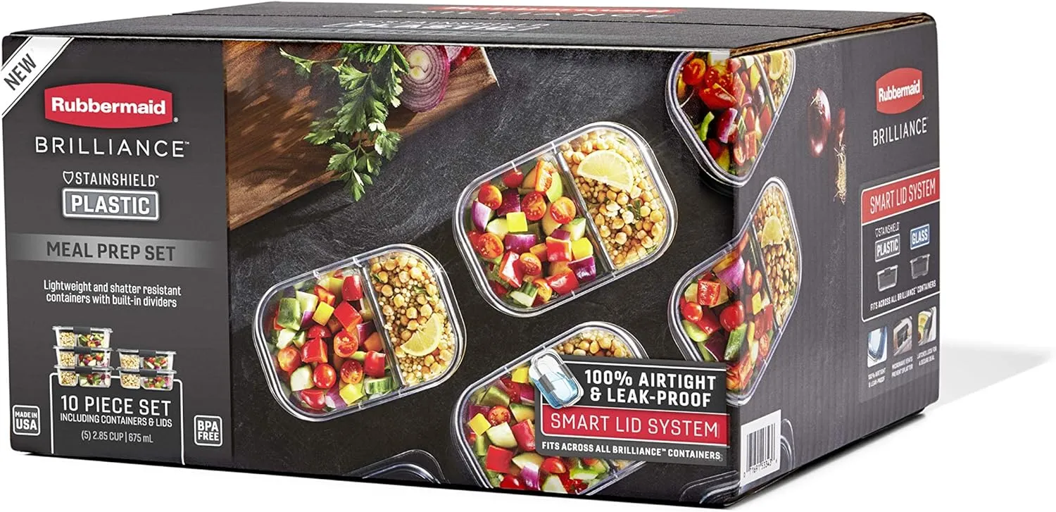 Rubbermaid Brilliance Meal Prep Containers, 2-Compartment Food Storage Containers, 2.85 Cup, 5-Pack, BPA-Free, Clear/Grey