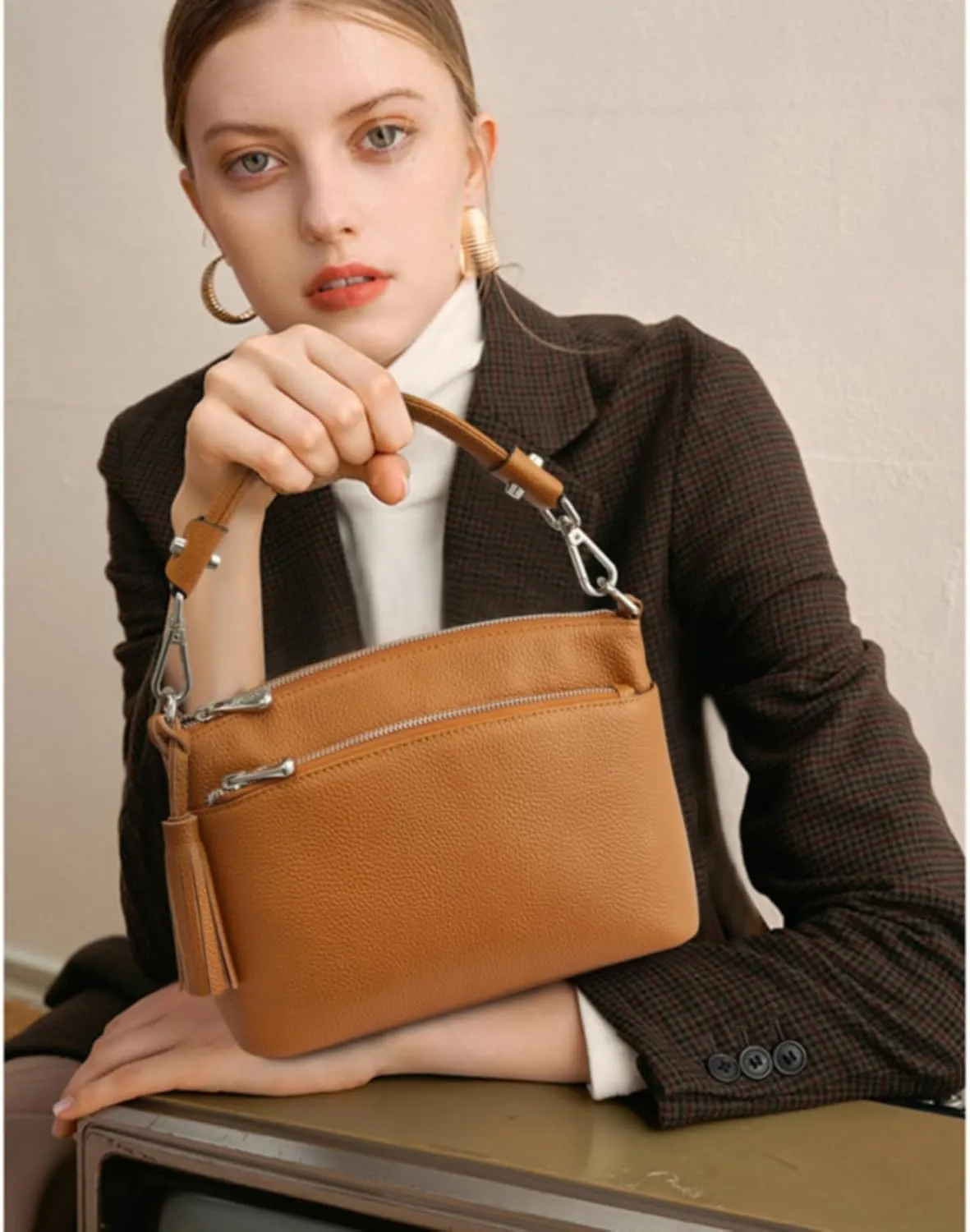 S-ZONE Small Genuine Leather Top Handle Handbags for Women Shoulder Bag Crossbody Purse