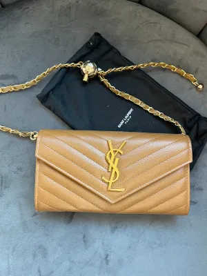 Saint Laurent Cassandre envelope flap brown wallet on chain