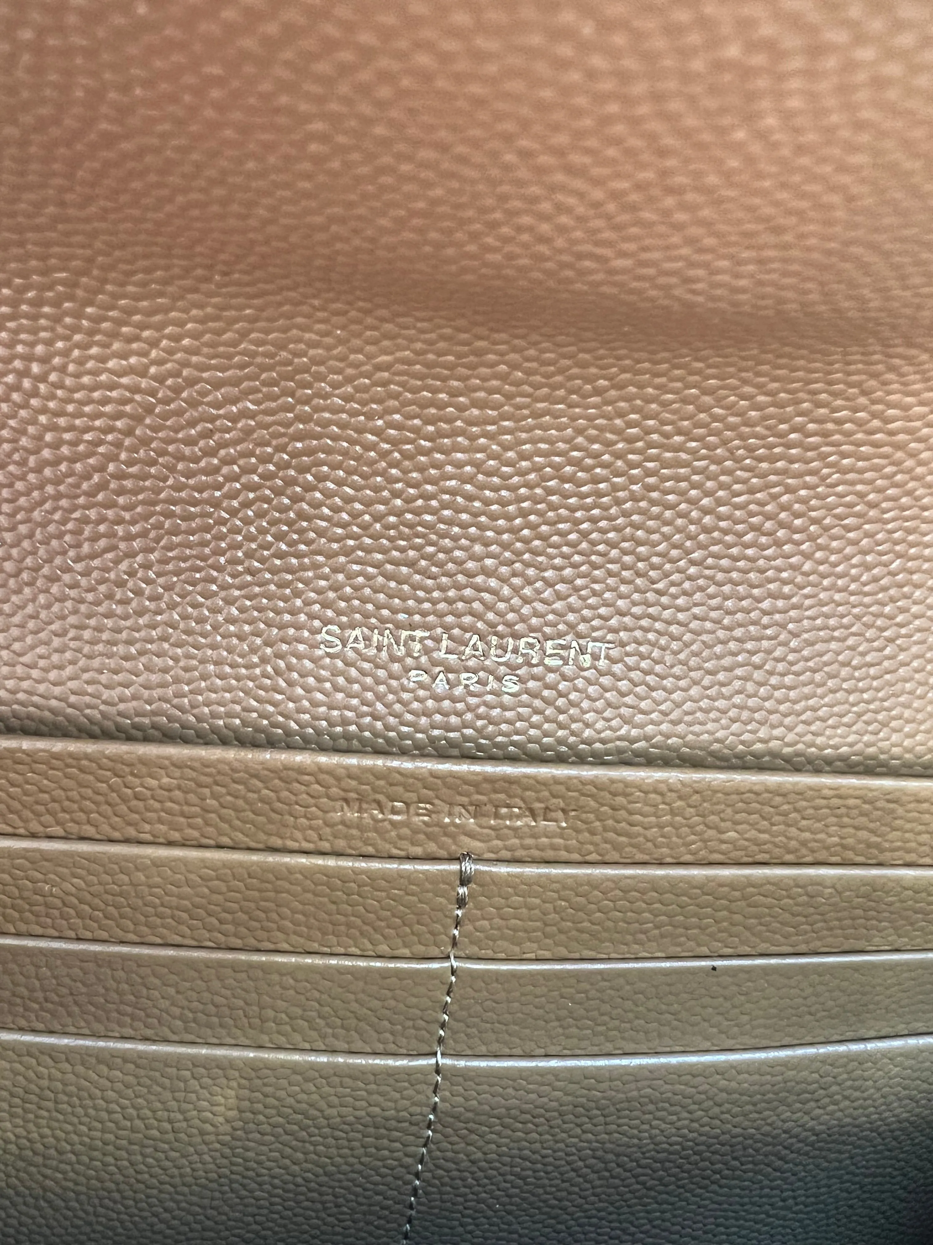 Saint Laurent Cassandre envelope flap brown wallet on chain