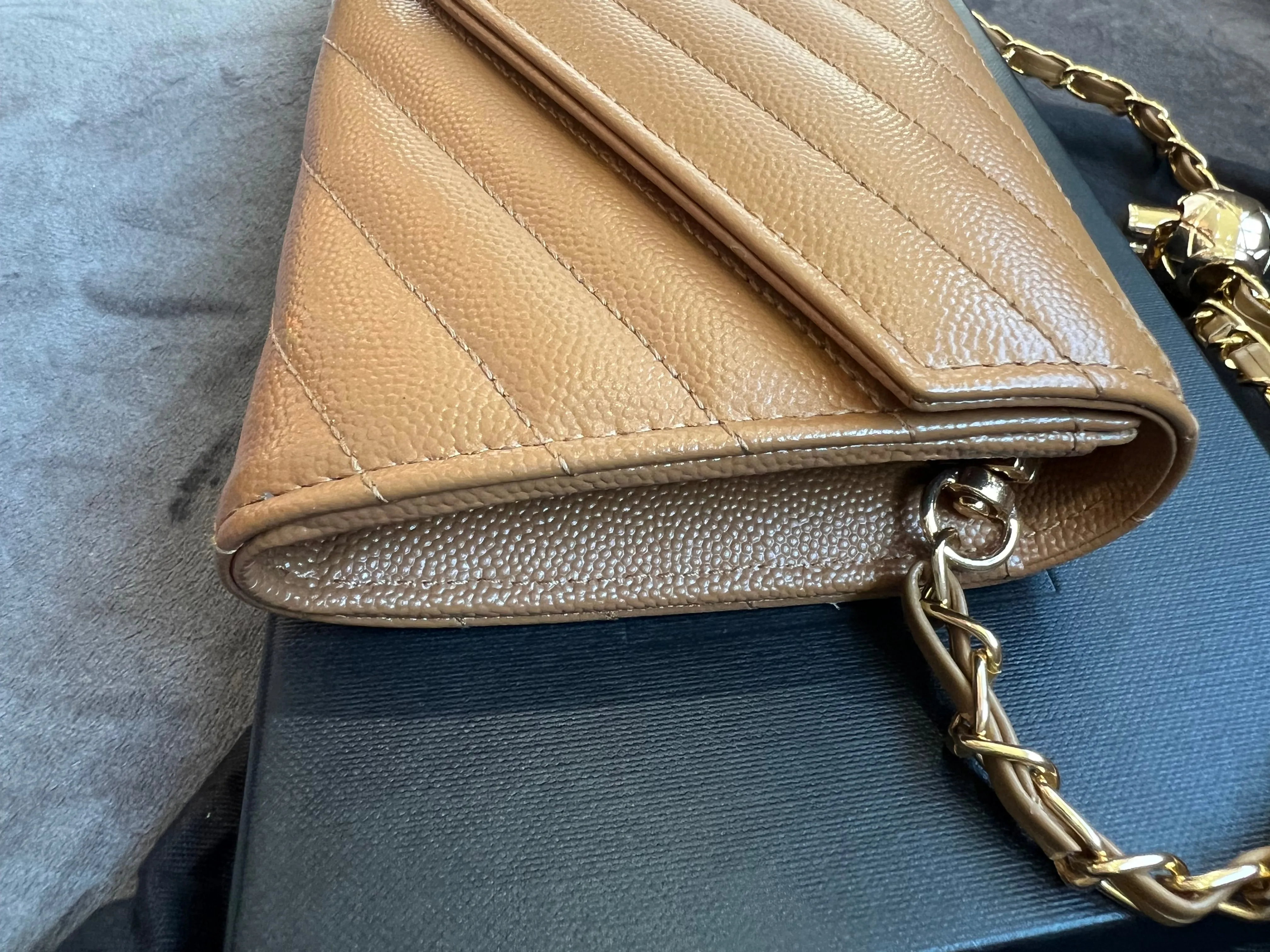 Saint Laurent Cassandre envelope flap brown wallet on chain