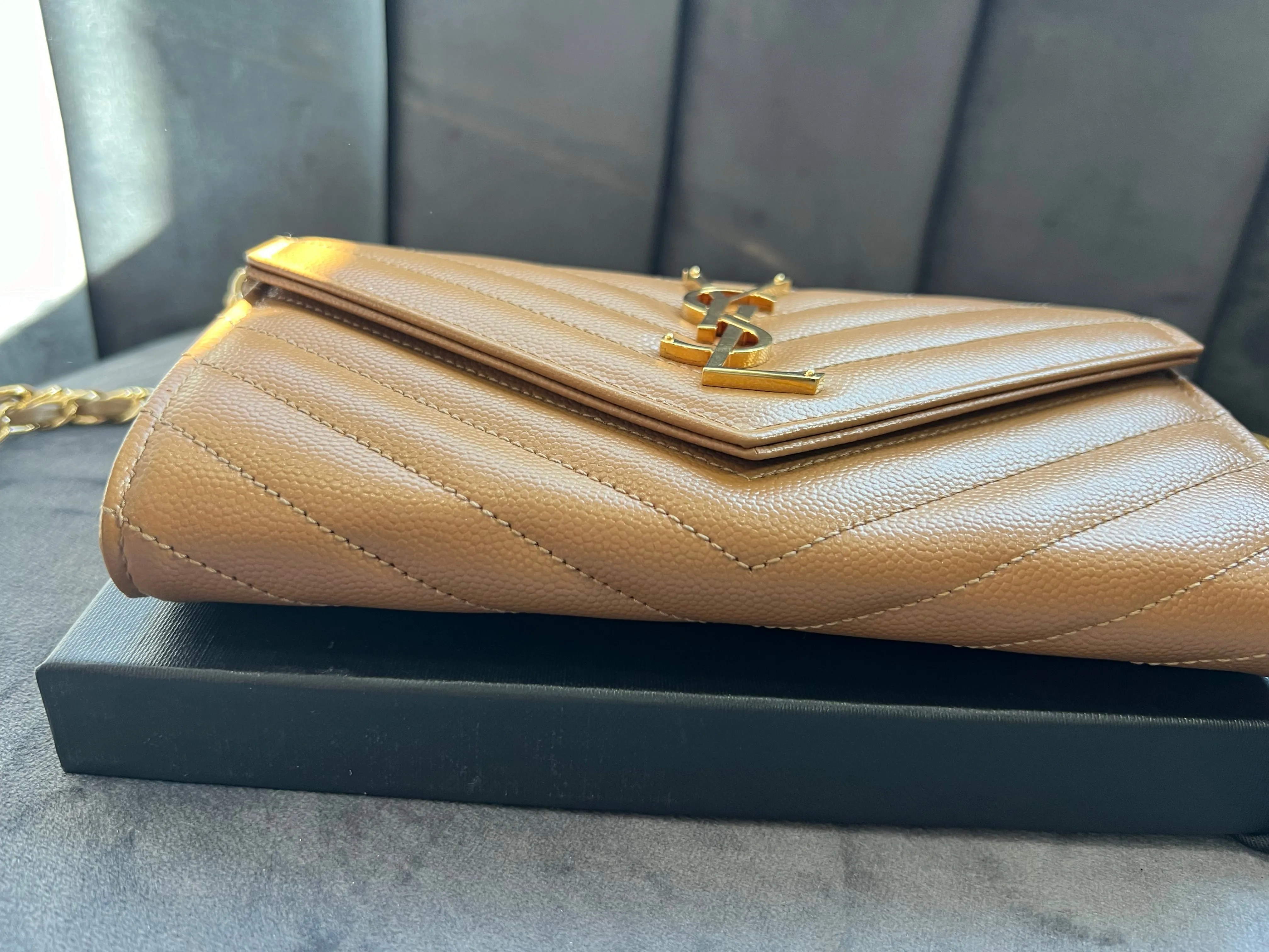 Saint Laurent Cassandre envelope flap brown wallet on chain
