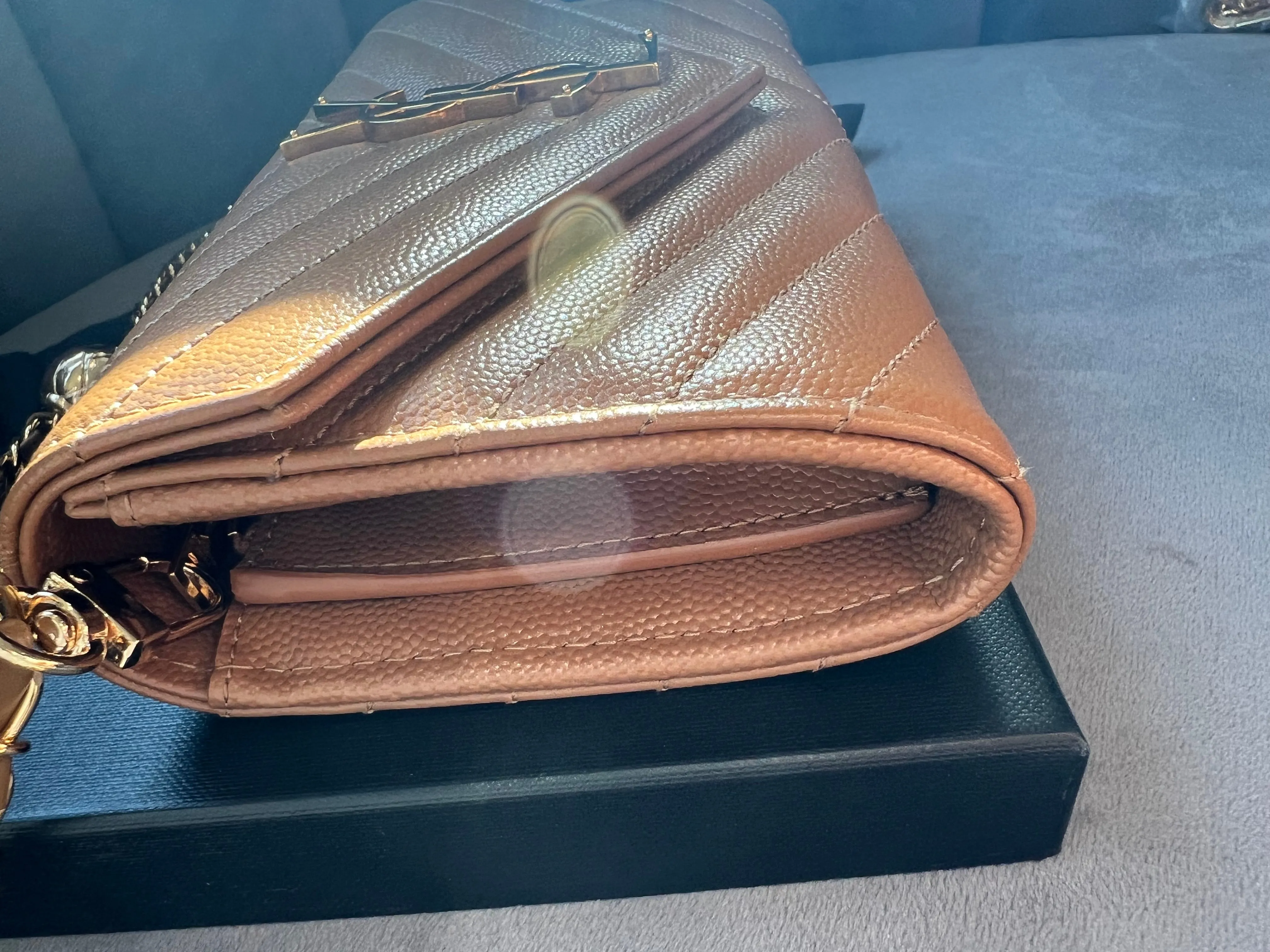 Saint Laurent Cassandre envelope flap brown wallet on chain