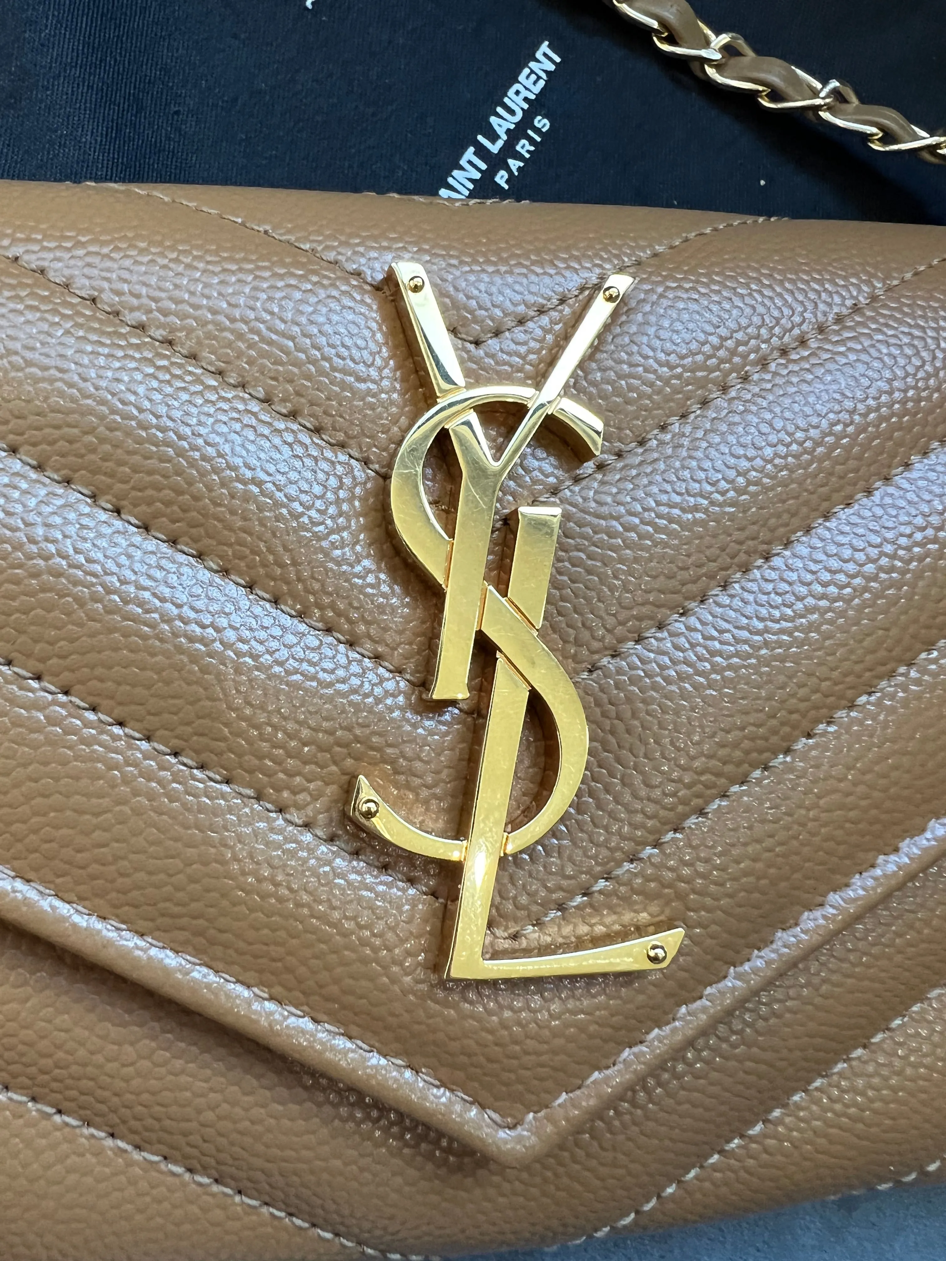 Saint Laurent Cassandre envelope flap brown wallet on chain