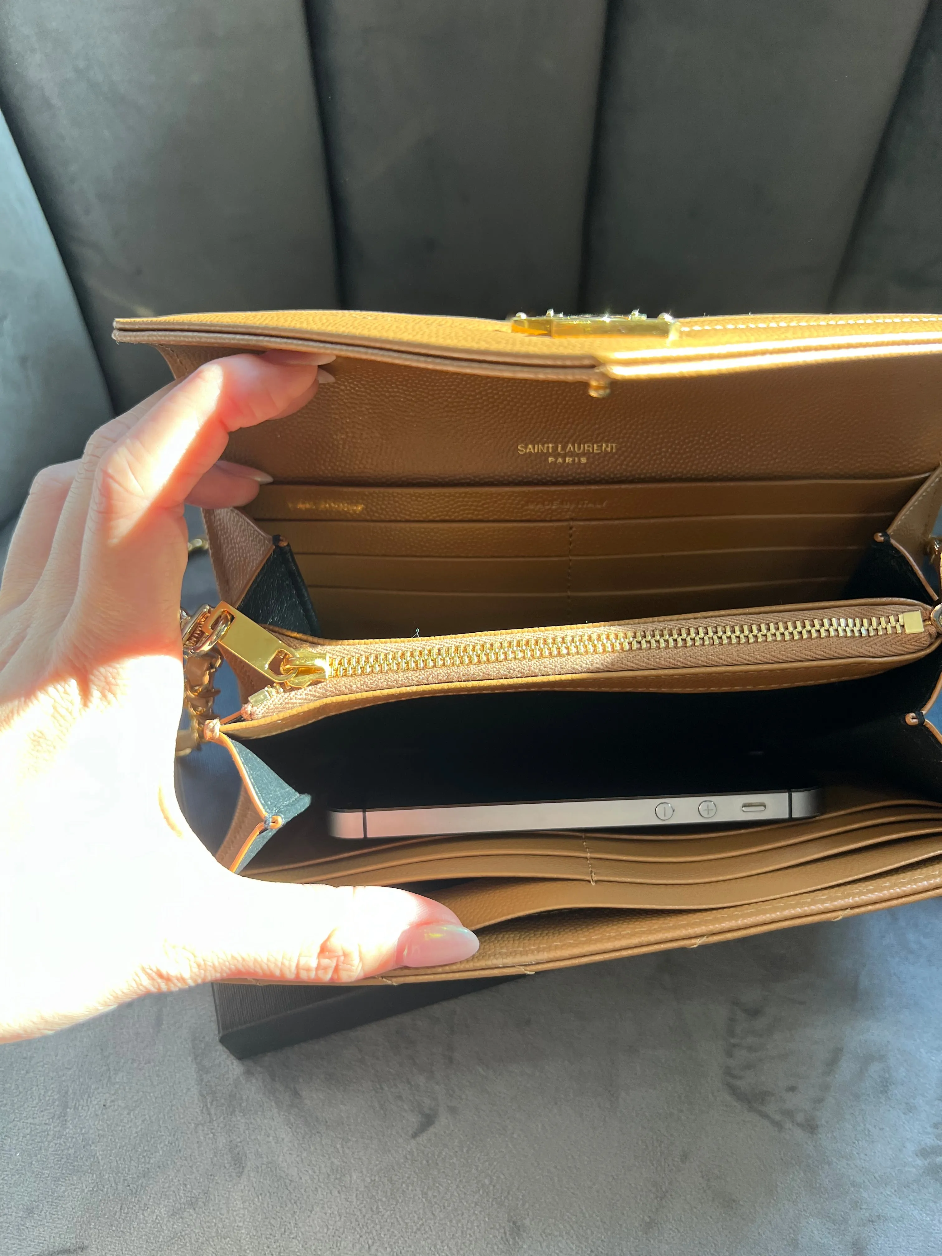 Saint Laurent Cassandre envelope flap brown wallet on chain