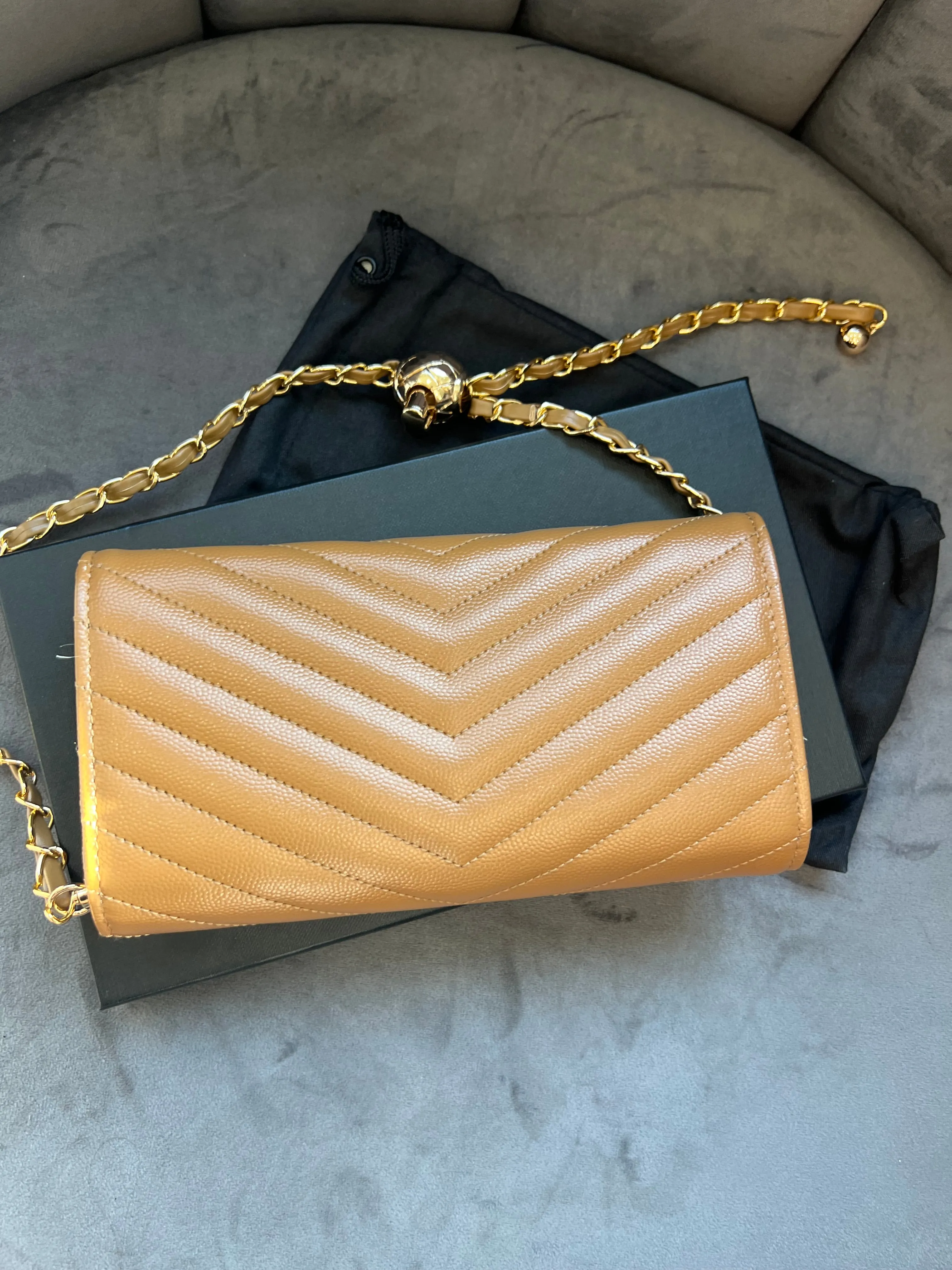 Saint Laurent Cassandre envelope flap brown wallet on chain
