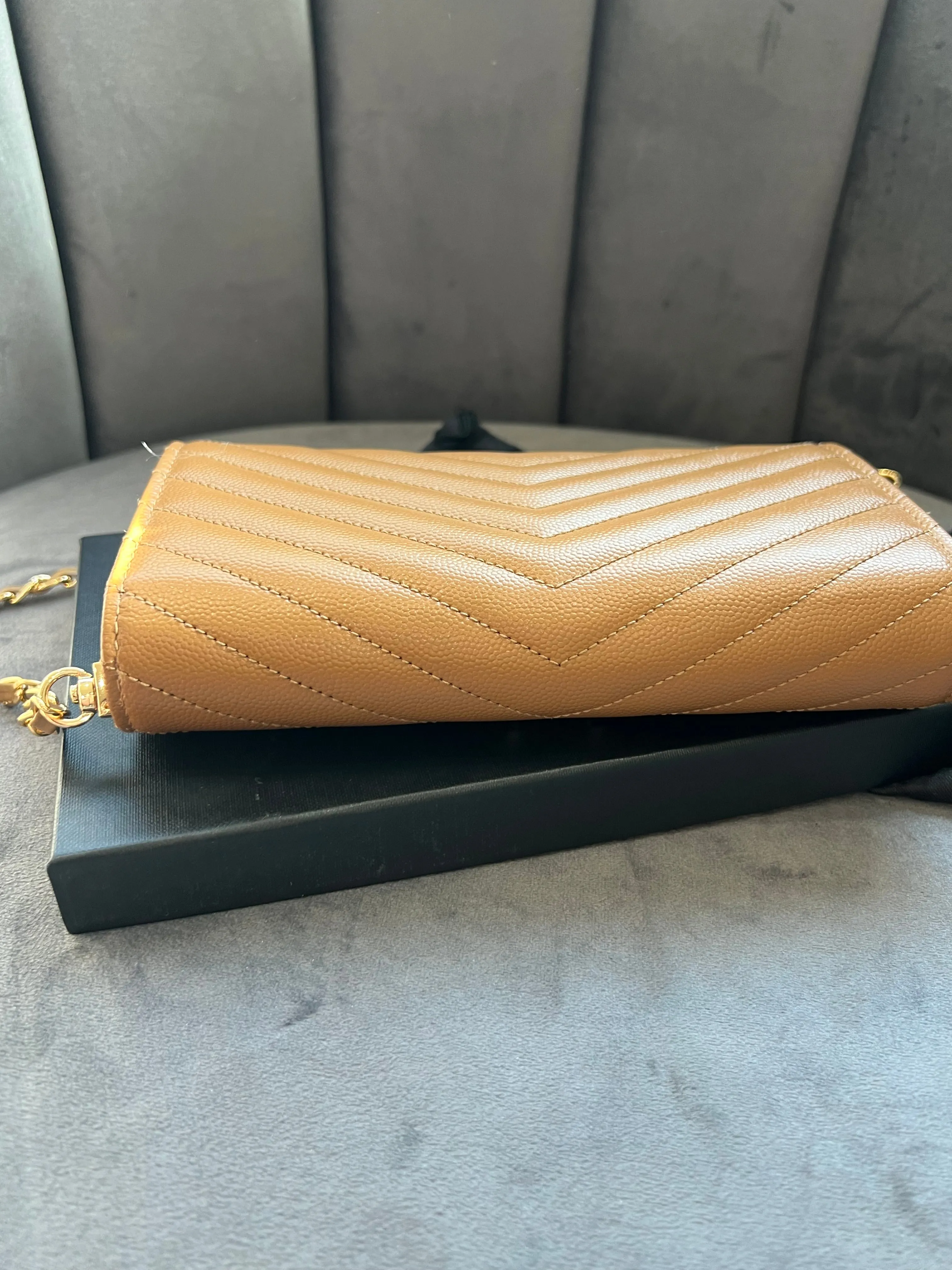 Saint Laurent Cassandre envelope flap brown wallet on chain