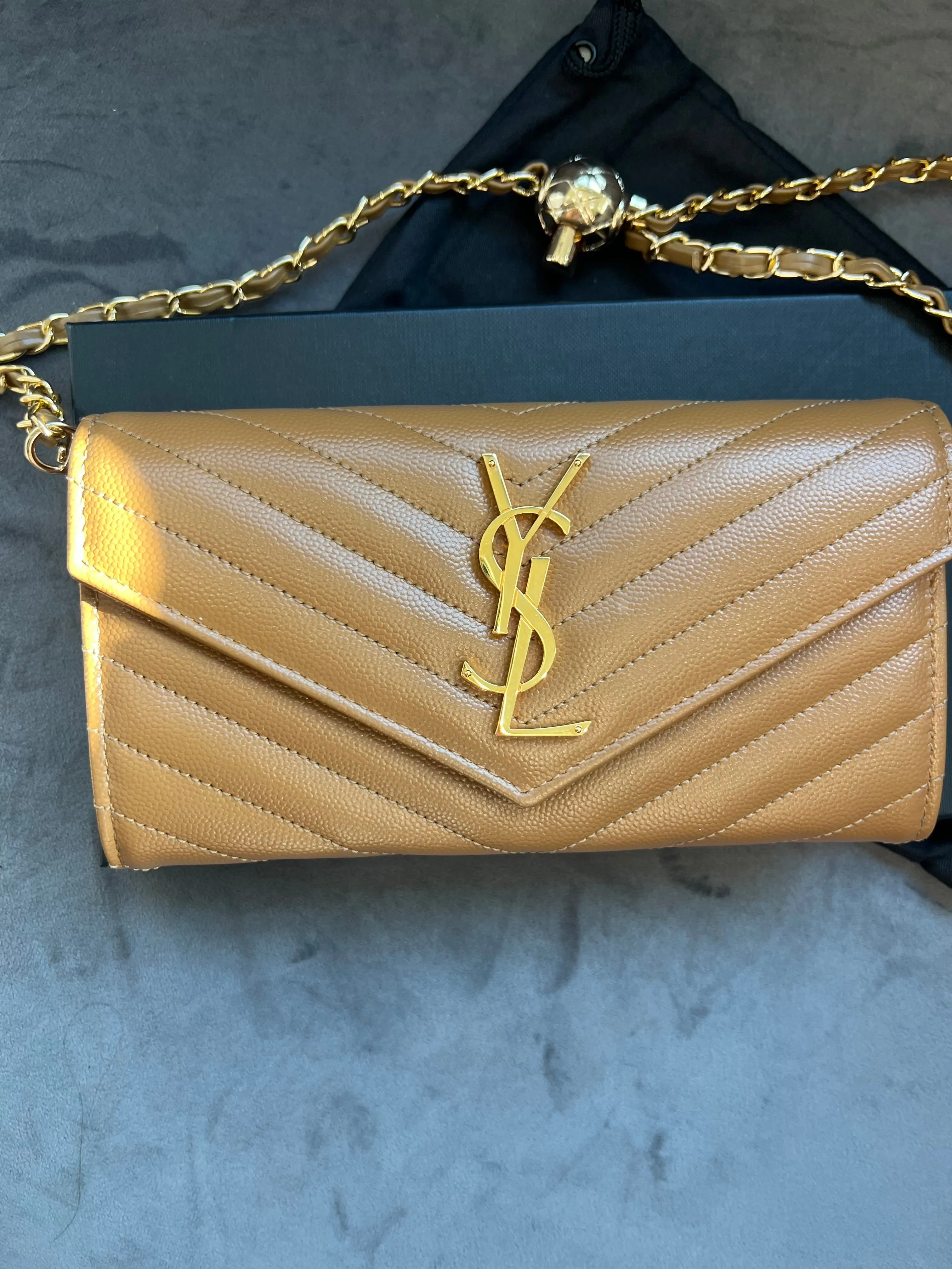 Saint Laurent Cassandre envelope flap brown wallet on chain