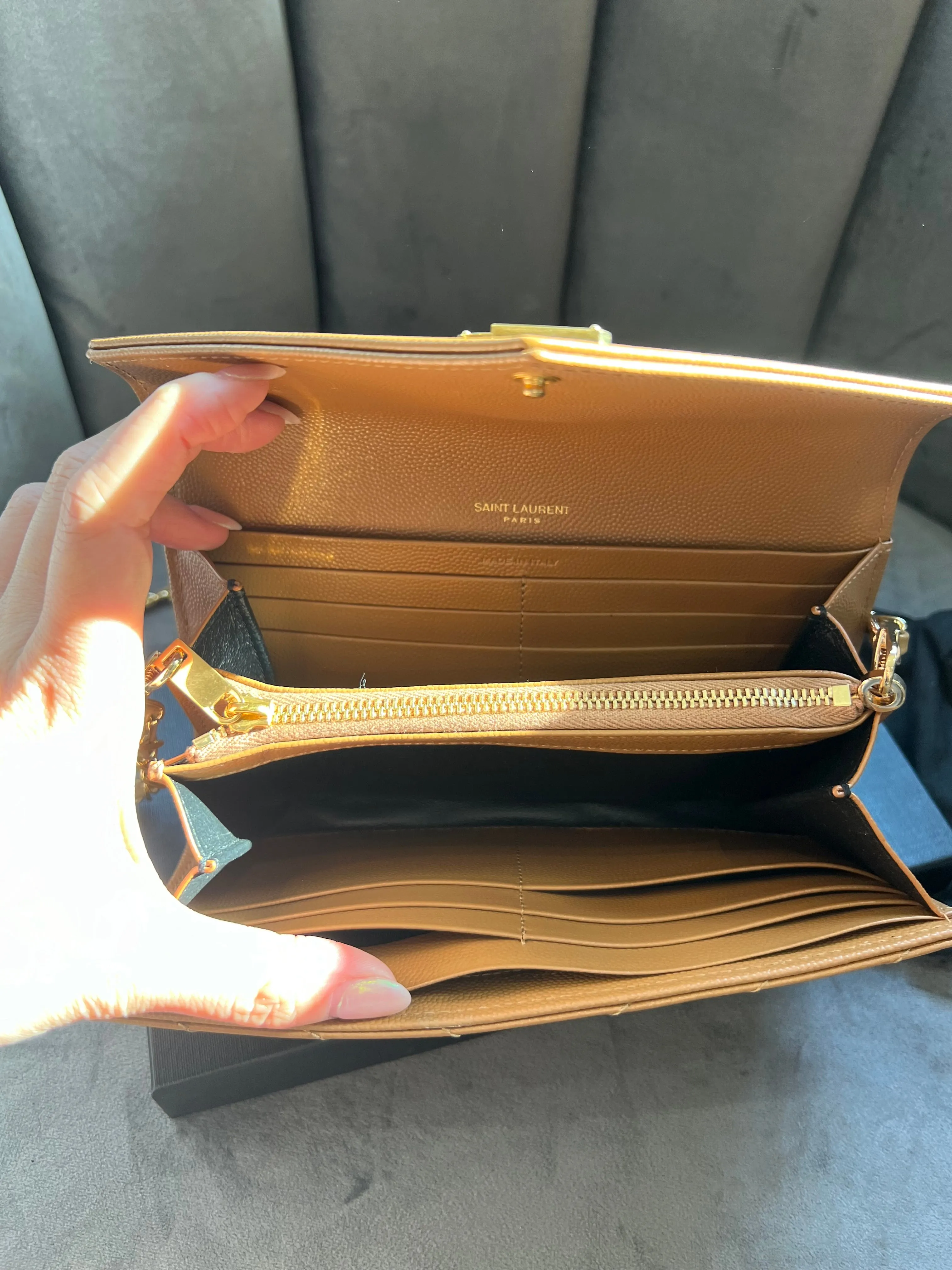 Saint Laurent Cassandre envelope flap brown wallet on chain