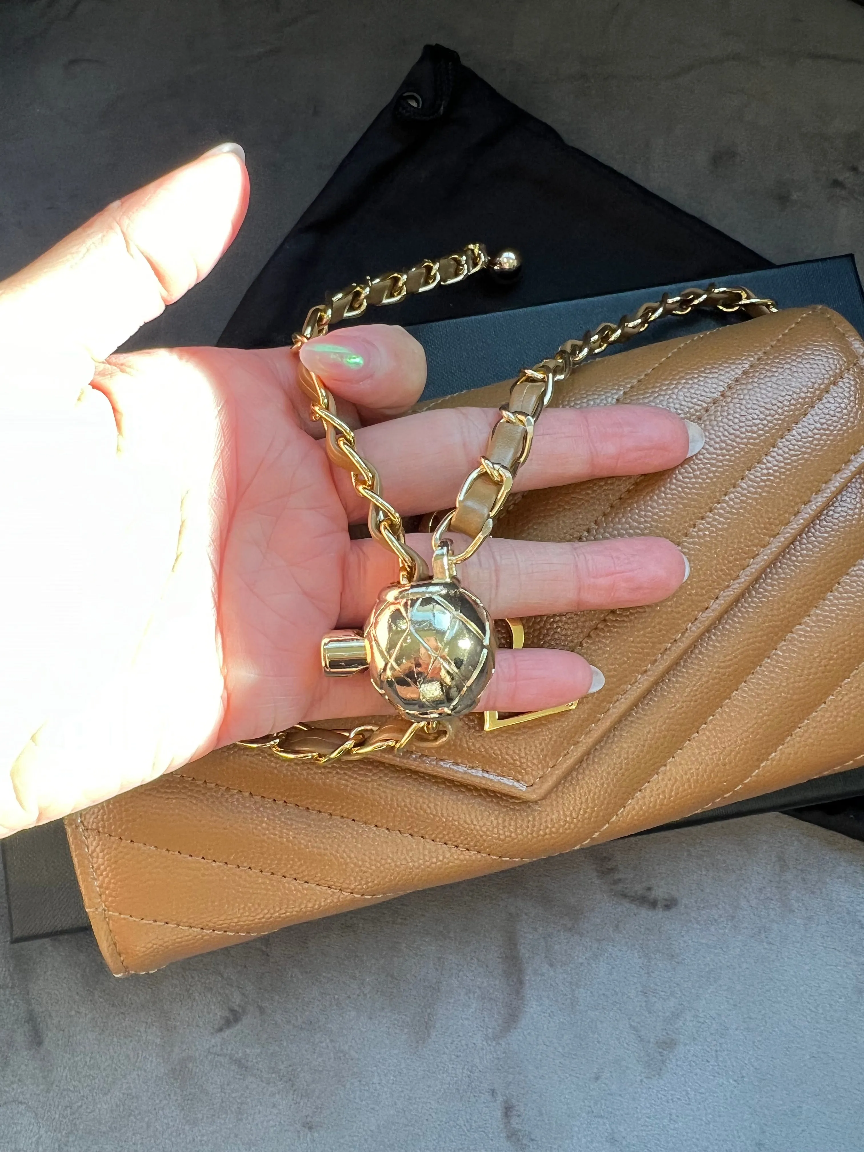 Saint Laurent Cassandre envelope flap brown wallet on chain