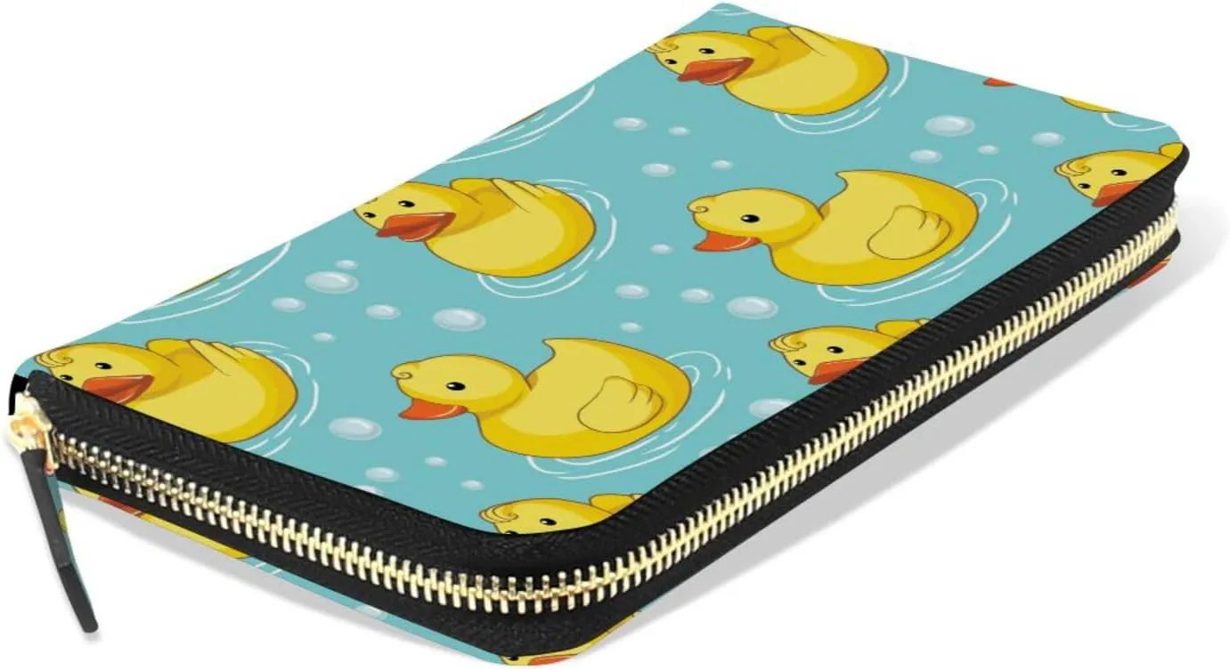Seamless Yellow Ducks Swimming on Turquoise Water Bubbles Leather Long Wallet Organizer with Zipper Purse Clutch Bag for Women Men Key Card Coin Passport Checkbook 8 x 4 inch