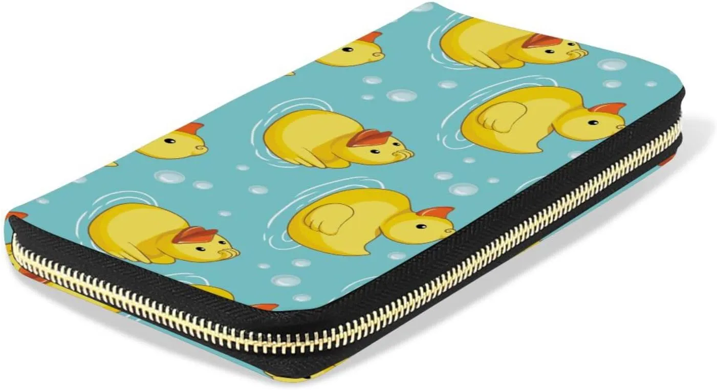 Seamless Yellow Ducks Swimming on Turquoise Water Bubbles Leather Long Wallet Organizer with Zipper Purse Clutch Bag for Women Men Key Card Coin Passport Checkbook 8 x 4 inch