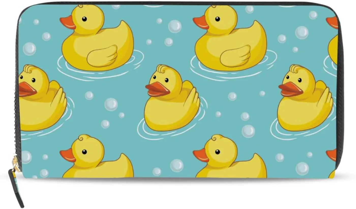 Seamless Yellow Ducks Swimming on Turquoise Water Bubbles Leather Long Wallet Organizer with Zipper Purse Clutch Bag for Women Men Key Card Coin Passport Checkbook 8 x 4 inch