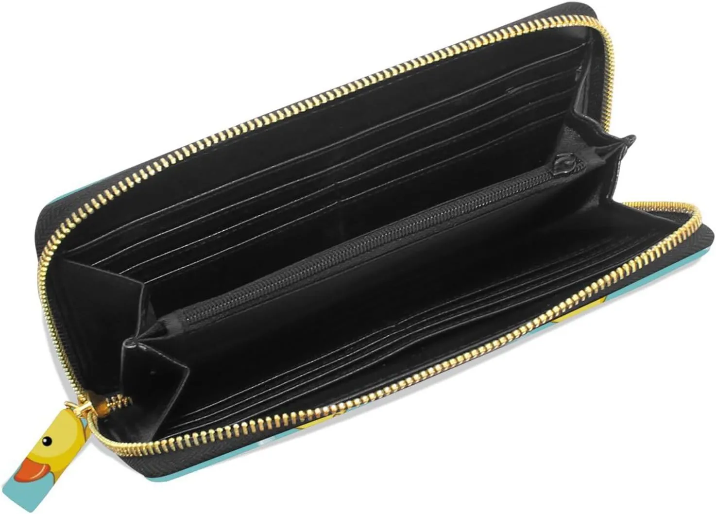 Seamless Yellow Ducks Swimming on Turquoise Water Bubbles Leather Long Wallet Organizer with Zipper Purse Clutch Bag for Women Men Key Card Coin Passport Checkbook 8 x 4 inch