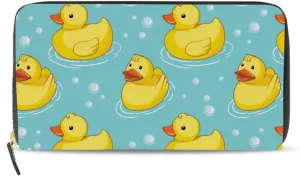 Seamless Yellow Ducks Swimming on Turquoise Water Bubbles Leather Long Wallet Organizer with Zipper Purse Clutch Bag for Women Men Key Card Coin Passport Checkbook 8 x 4 inch