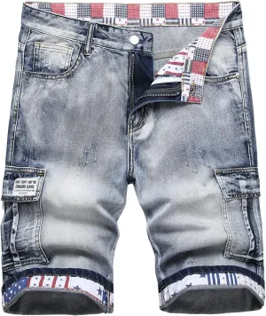 SHOOYING Men's Casual Denim Ripped Shorts