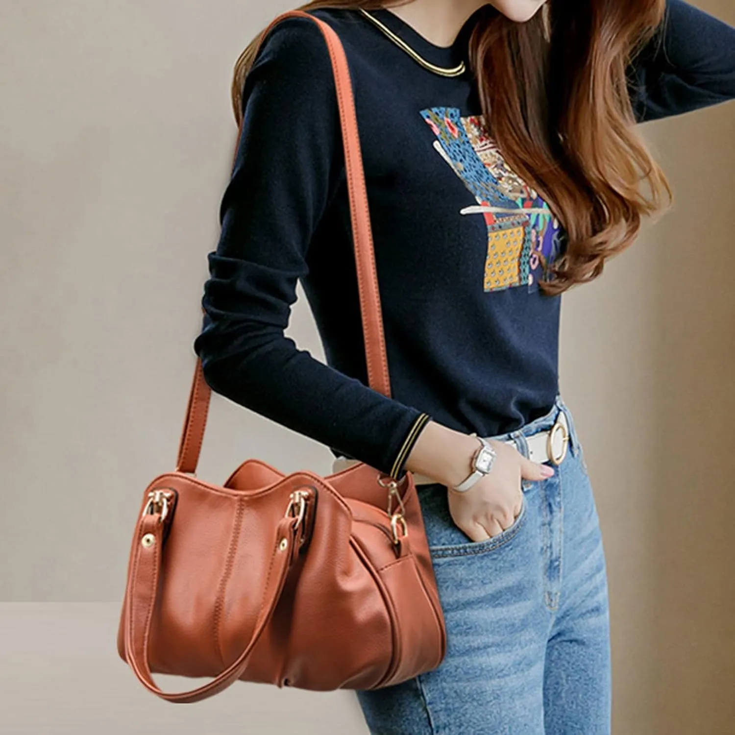 Shoulder Bags 3 Layers Ladies Handbags Pu Leather Messenger ， Shoulder Crossbody Bag for Women，Large-Capacity Lady's Handbag, Female Soft Bag(Blue)