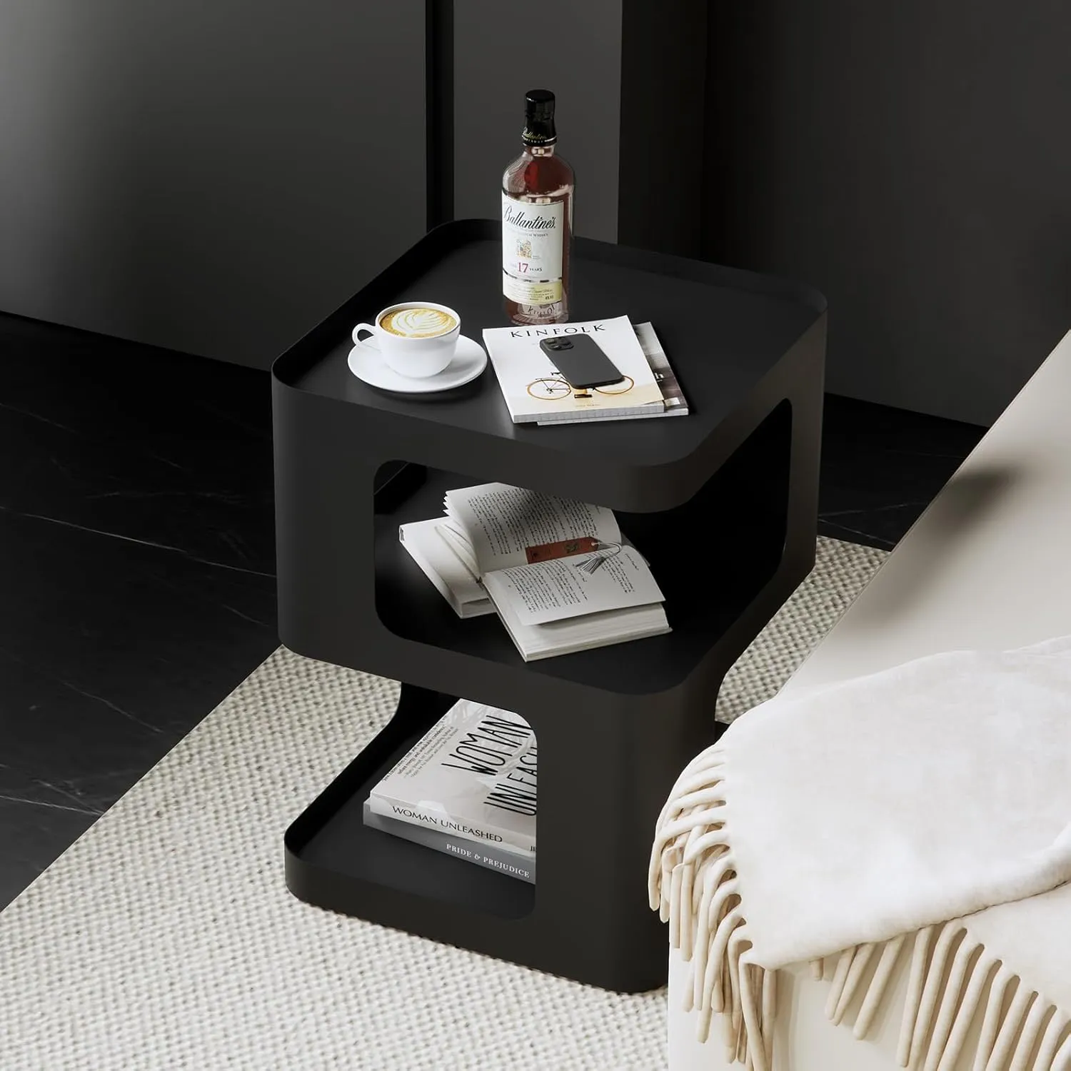 Side Table,Modern end Table,Black Metal nightstand,Bedside Tables,Accent Table with Storage for Living Room Bedroom entryway Couch,no Assembly Required,Unique Furniture.