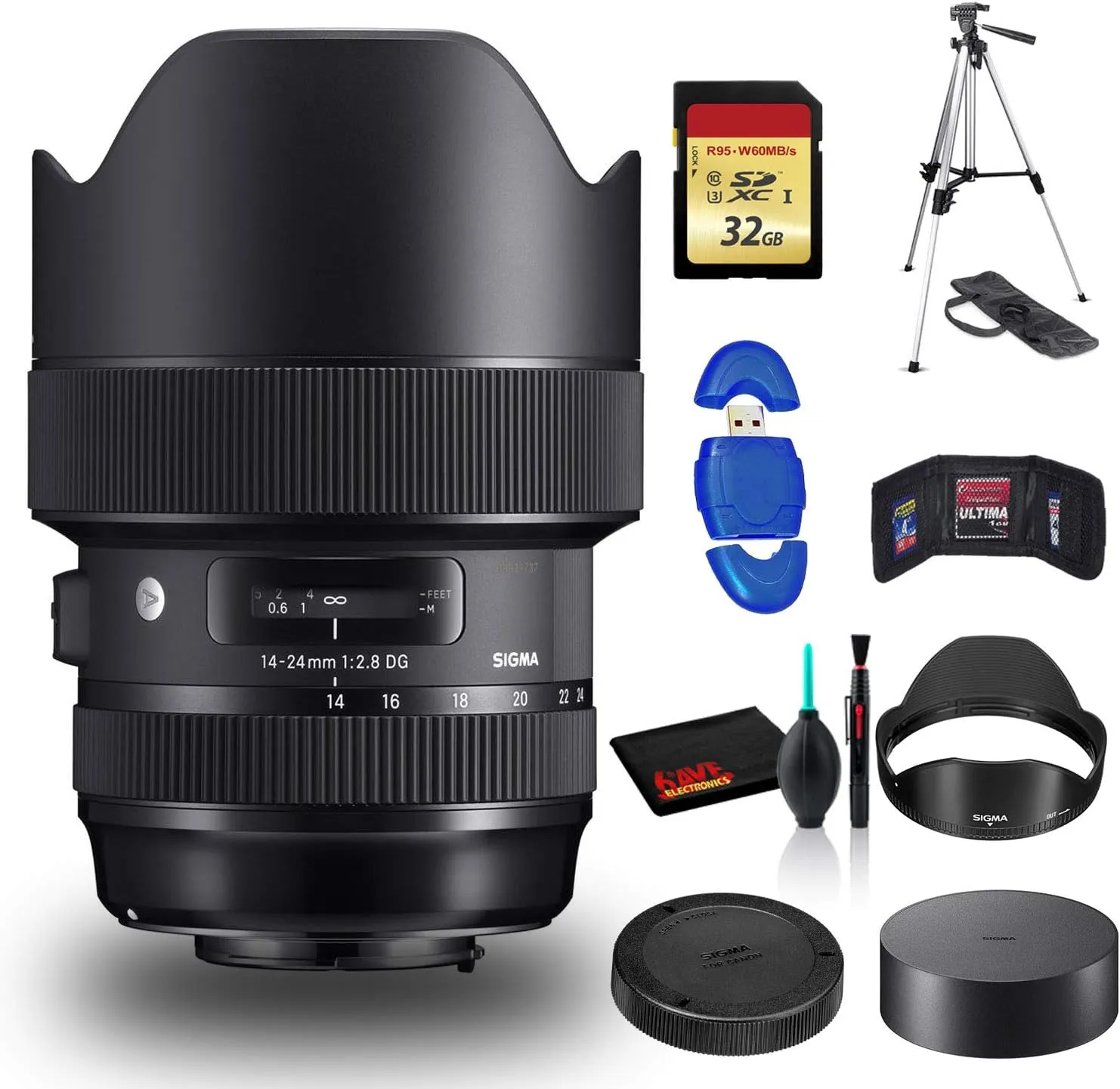 Sigma 14-24mm f/2.8 DG HSM Art Lens for Canon EF with Cleaning Kit, Full Size Tripod, and 32GB Memory Kit