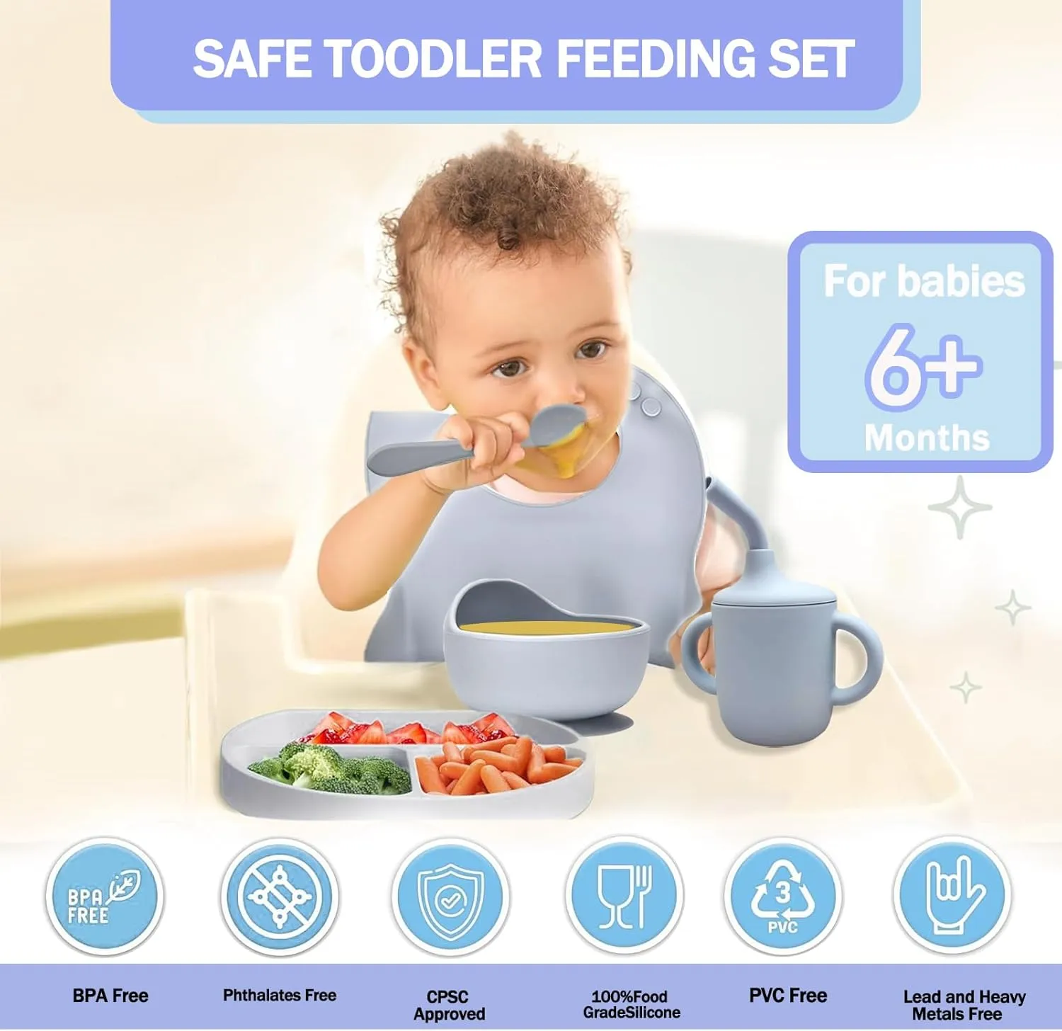Silicone Baby Feeding Set 11 Pcs,Baby Led Weaning Supplies,Baby Plates and Bowls Sets,Self Feeding Spoons Dish Set,First Stage Solid Food Eating Utensils - 6  Months
