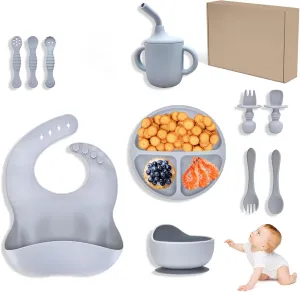 Silicone Baby Feeding Set 11 Pcs,Baby Led Weaning Supplies,Baby Plates and Bowls Sets,Self Feeding Spoons Dish Set,First Stage Solid Food Eating Utensils - 6  Months