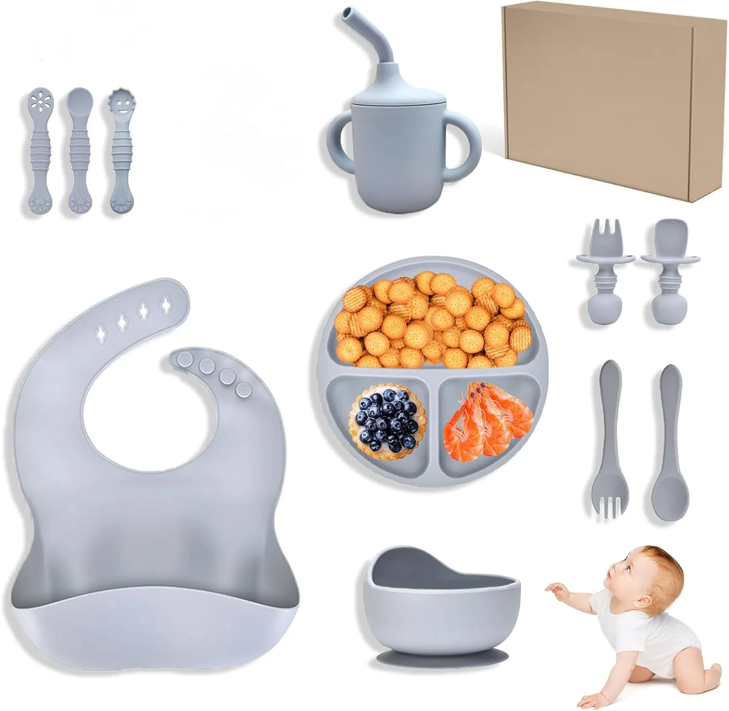 Silicone Baby Feeding Set 11 Pcs,Baby Led Weaning Supplies,Baby Plates and Bowls Sets,Self Feeding Spoons Dish Set,First Stage Solid Food Eating Utensils - 6  Months