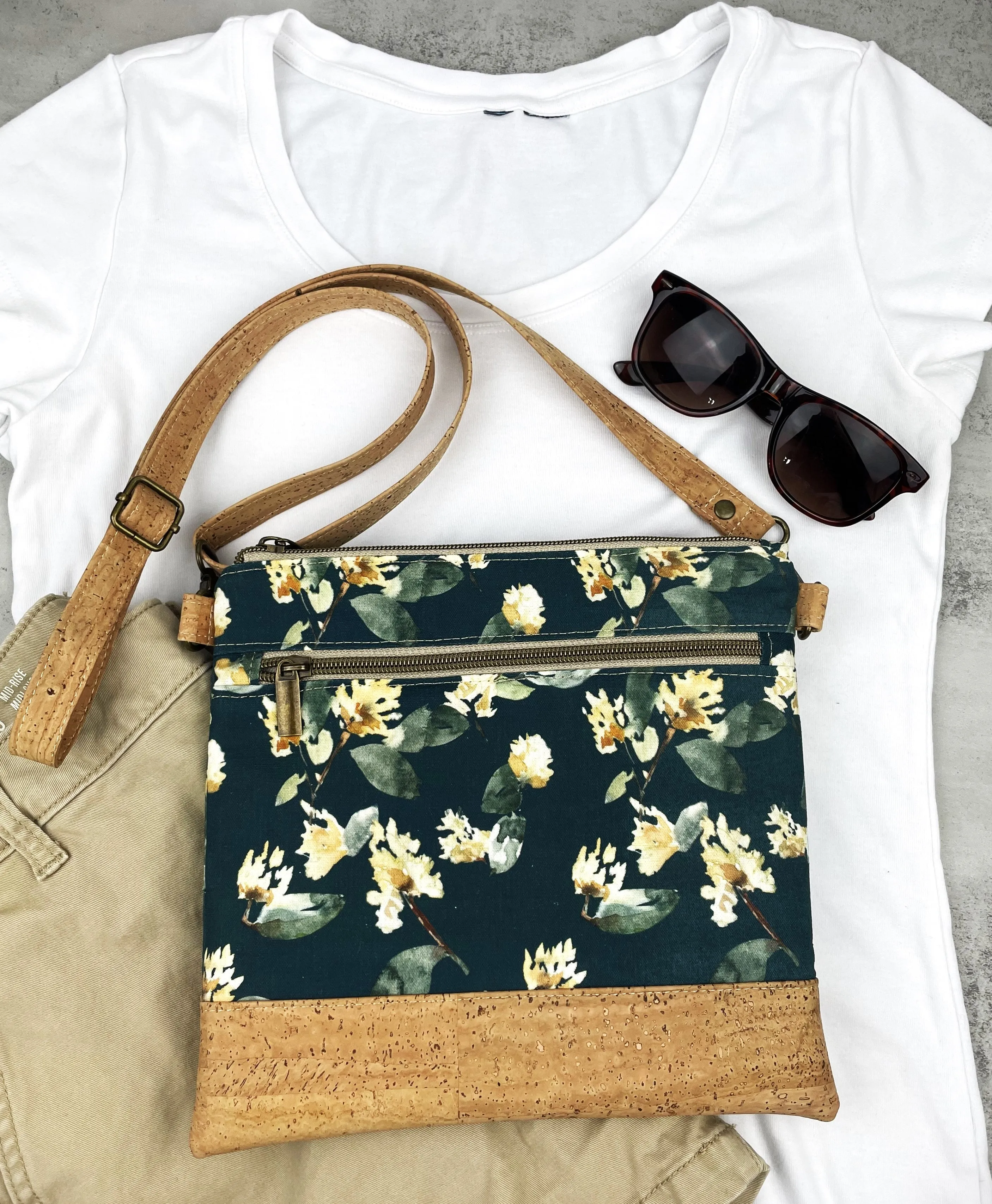 Slim Crossbody Bag - Cork and Vale in Dusk Floral Fabric