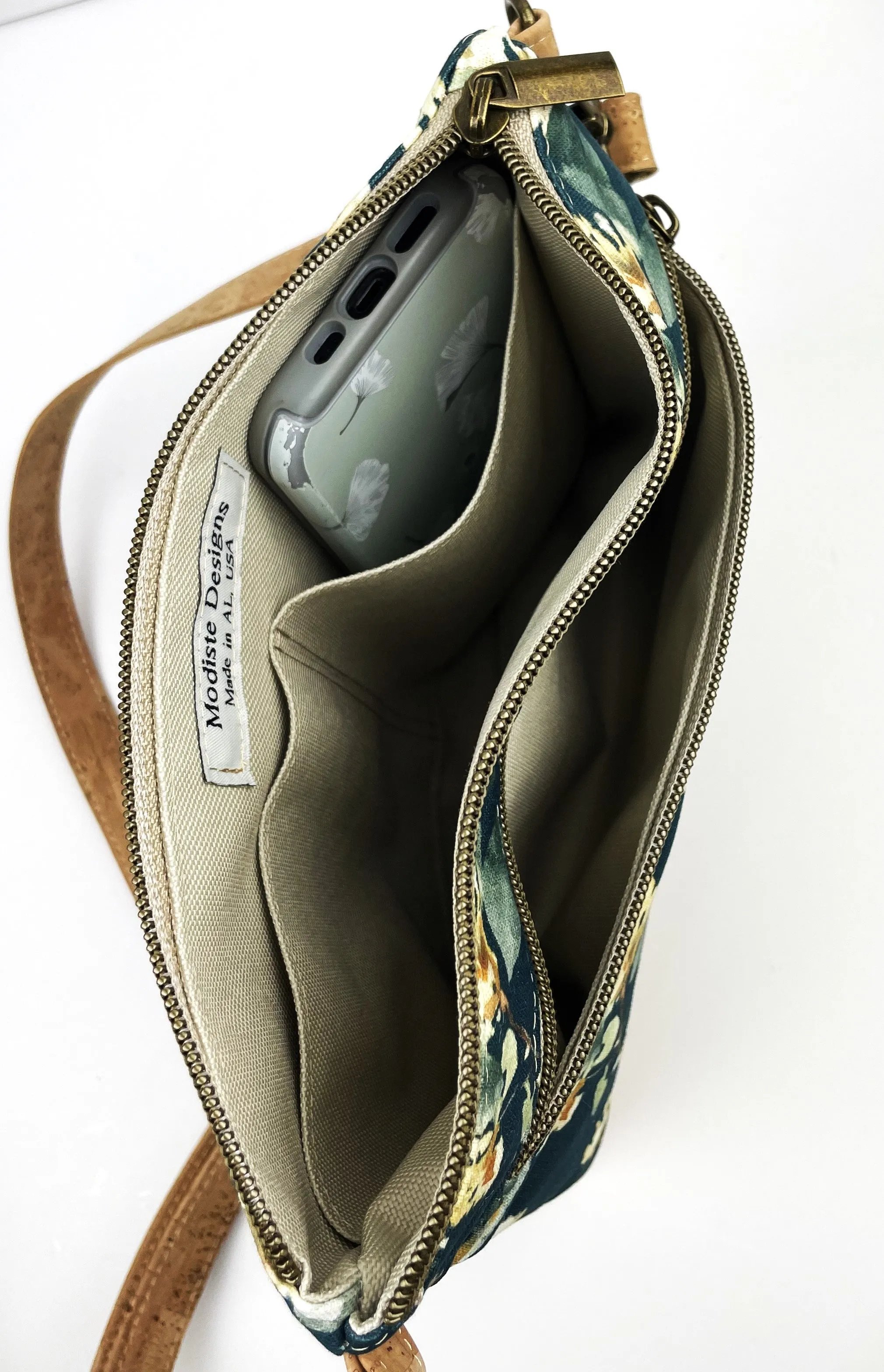 Slim Crossbody Bag - Cork and Vale in Dusk Floral Fabric