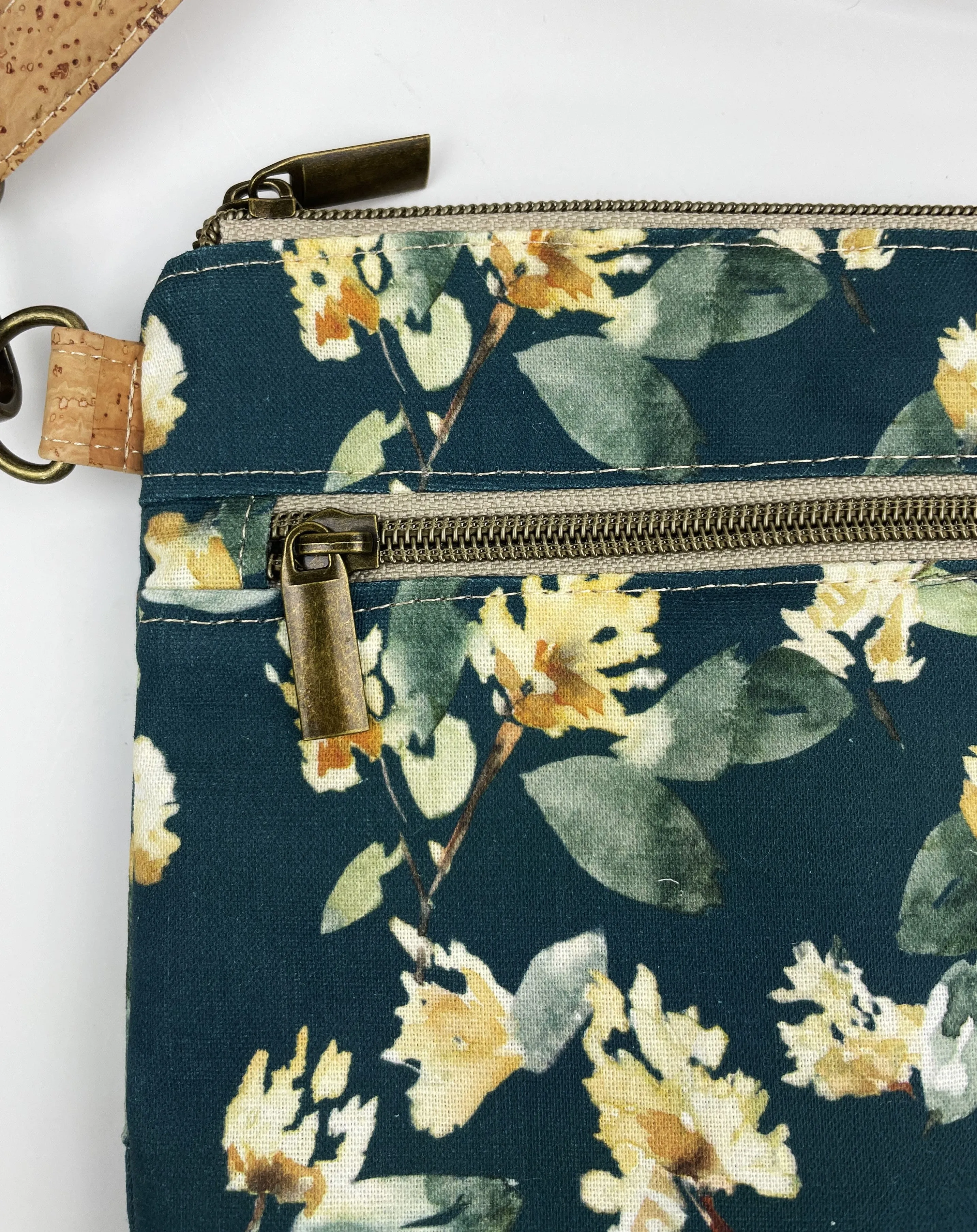 Slim Crossbody Bag - Cork and Vale in Dusk Floral Fabric