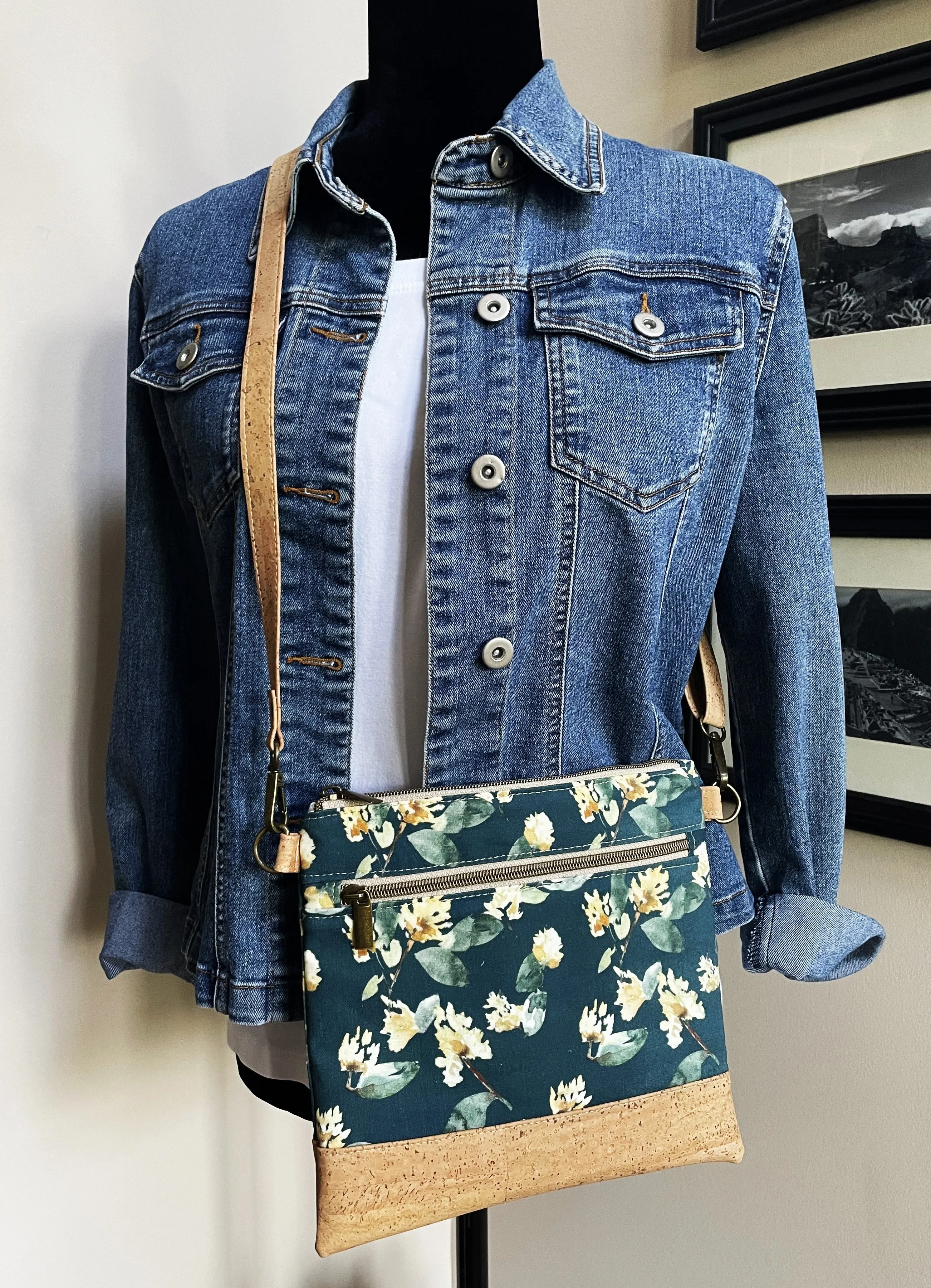 Slim Crossbody Bag - Cork and Vale in Dusk Floral Fabric