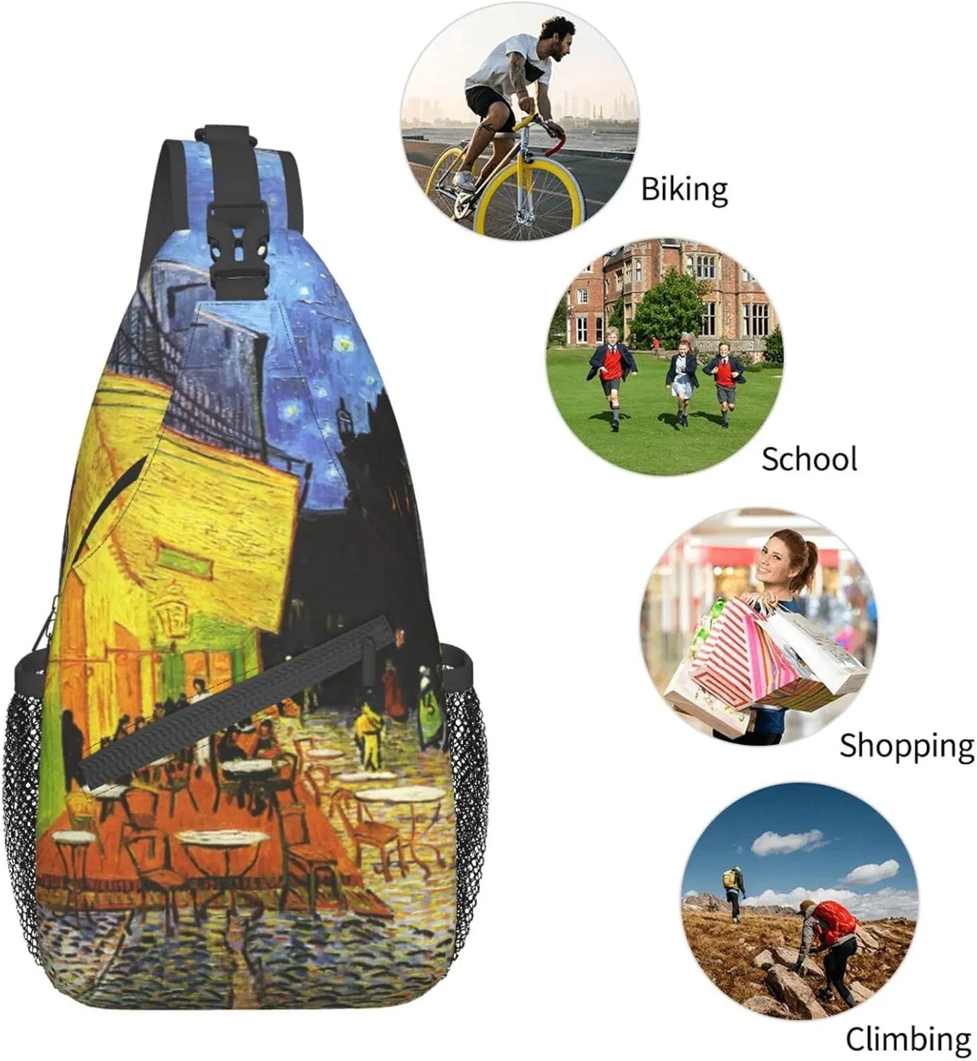 Sling Backpack Cafe Terrace At Night Multipurpose Crossbody Shoulder Bag Chest Daypack For Gym Travel Hiking