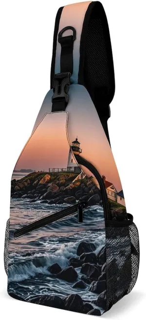 Sling Bag Crossbody Chest Bag Casual Shoulder Backpack Sport Travel Hiking Daypack for Women Men,Portland River Lighthouse Sunrise