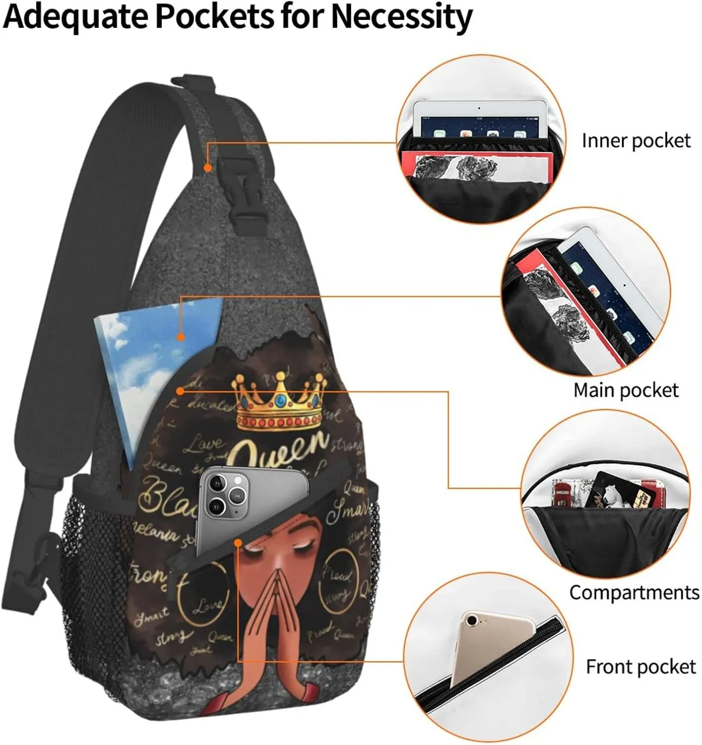 Sling Bag Crossbody Women Men Travel Chest Backpack Leisure Sports Outdoor Running Hiking African American Afro Woman
