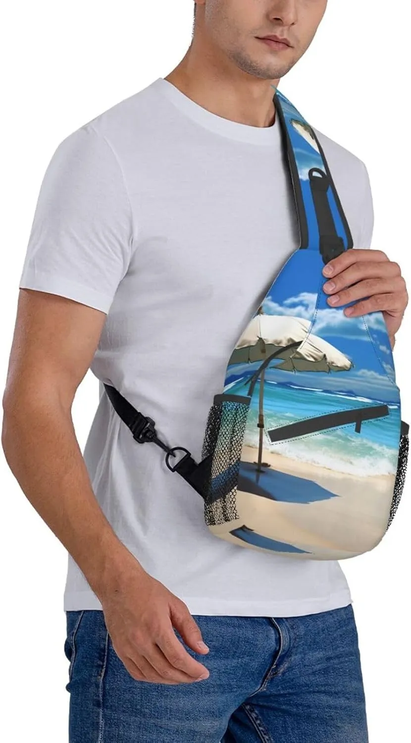 Sling Bag for Women Men Shoulder Bag Valley Chest Bag Travel Fanny Pack Lightweight Casual Daypack, Umbrella on Beach, One Size