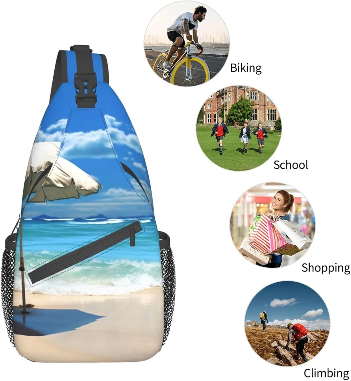 Sling Bag for Women Men Shoulder Bag Valley Chest Bag Travel Fanny Pack Lightweight Casual Daypack, Umbrella on Beach, One Size