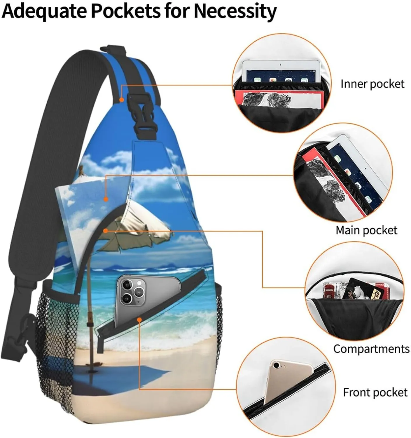 Sling Bag for Women Men Shoulder Bag Valley Chest Bag Travel Fanny Pack Lightweight Casual Daypack, Umbrella on Beach, One Size