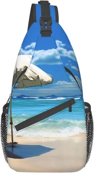 Sling Bag for Women Men Shoulder Bag Valley Chest Bag Travel Fanny Pack Lightweight Casual Daypack, Umbrella on Beach, One Size