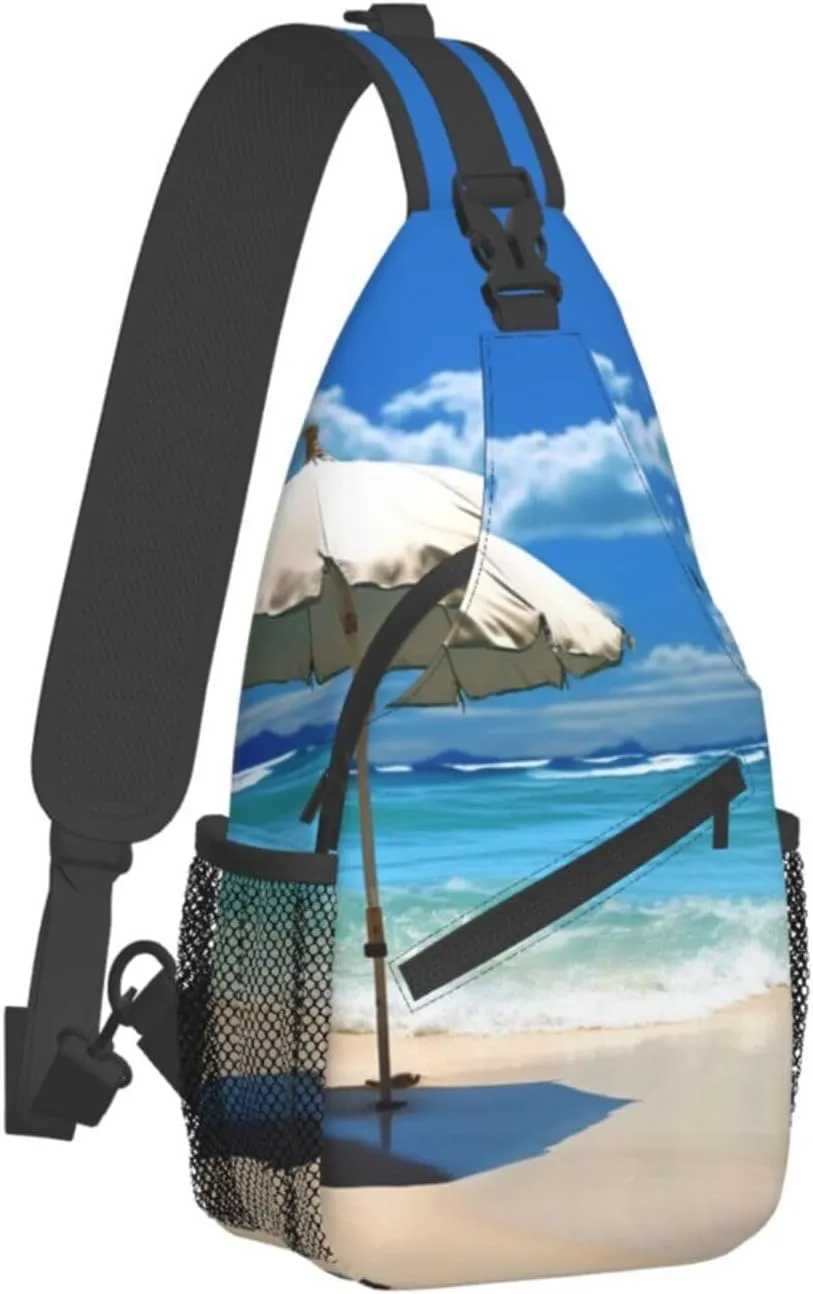Sling Bag for Women Men Shoulder Bag Valley Chest Bag Travel Fanny Pack Lightweight Casual Daypack, Umbrella on Beach, One Size