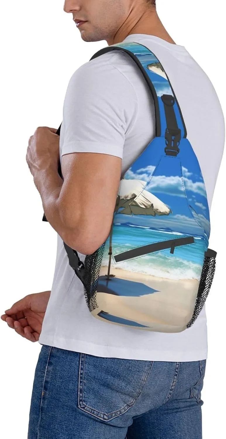 Sling Bag for Women Men Shoulder Bag Valley Chest Bag Travel Fanny Pack Lightweight Casual Daypack, Umbrella on Beach, One Size