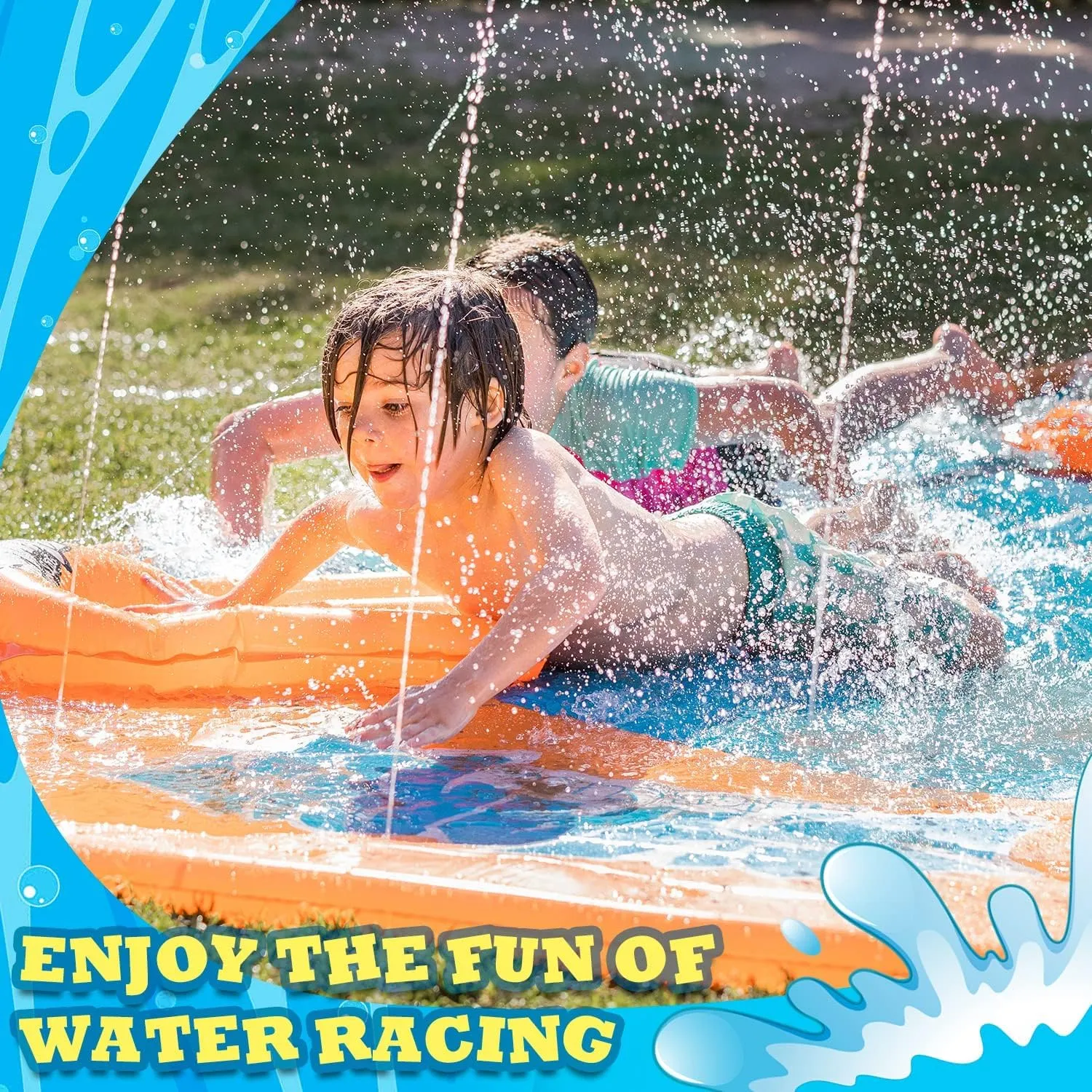 Slip Water Slide, 22ftx5ft Slip Water Slide for Kids Backyard Lawn,Summer Water Toys Outdoor Sprinkler with 2 Sliding Racing Lanes and 2 Inflatable Bodyboards